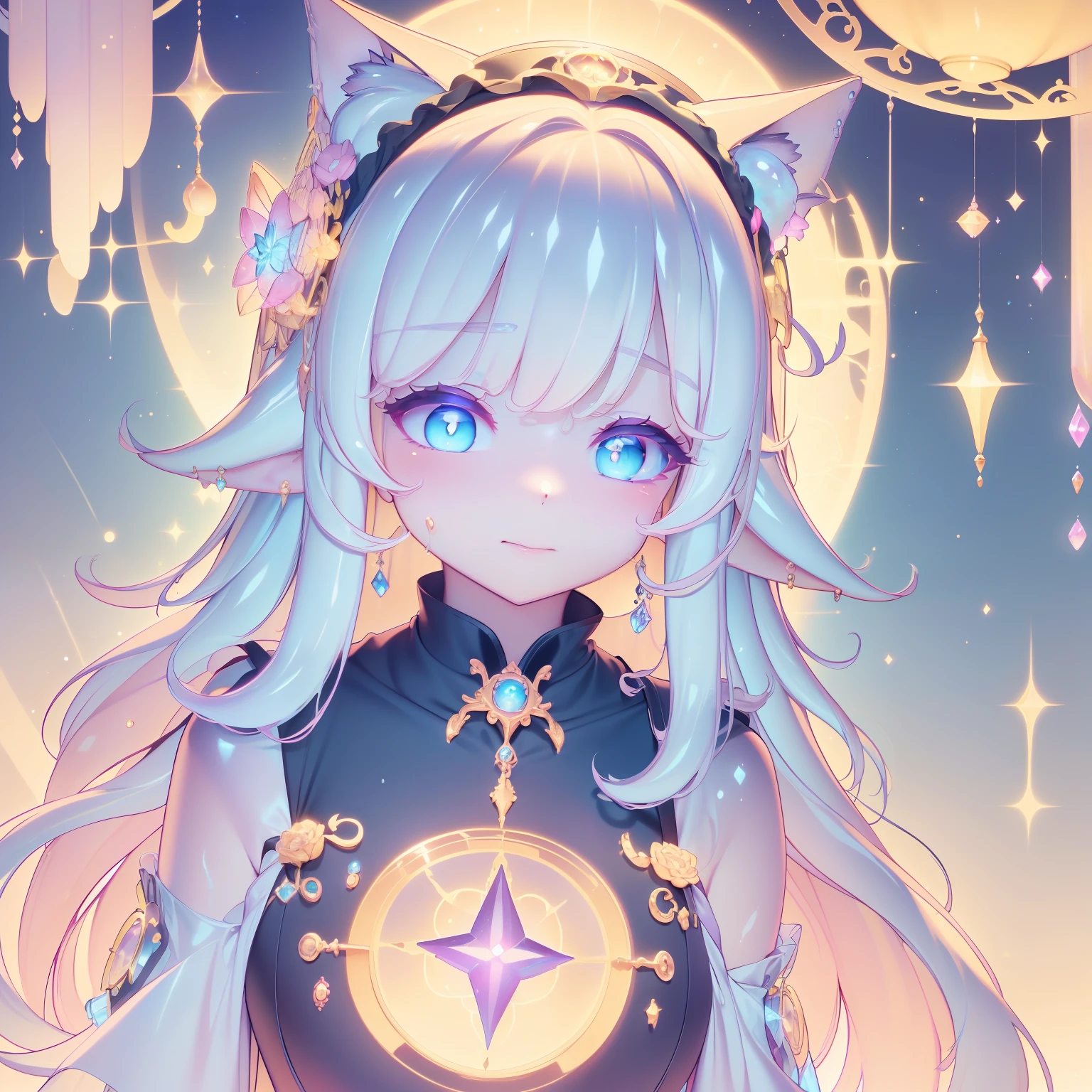 black hair, multicolored hair, curly hair, curtained hair, hair behind ear, long hair, messy hair, very long hair, wavy hair, hair two side up, crystal hair, cloud hair, tentacle hair, jewelry, bell, hair bell, fish hair ornament, jeweled branch of hourai, musical note hair ornament, skull hair ornament, snake hair ornament, dragon horns, whistle around neck, bone hair ornament, orange hairband, flower on head, pink hairband, leaf hair ornament, blue hairband, multicolored eyes, blank eyes, dilated pupils, x-shaped pupils, aqua eyes, glowing eyes, sparkling eyes, white eyes, red eyes, yellow eyes, sanpaku, purple eyes, heterochromia, ringed eyes, orange eyes, pink eyes, amber eyes, fox ears, crystal earrings, crescent earrings, cat ears, kemonomimi mode, ear blush, smile, upper teeth, ahegao, torogao, Surrealism, glowing light, sparkle, anime, Futurism, 8k, super detail, high quality, super detail, high details, best quality, 16k, highres, slime girl, slime,