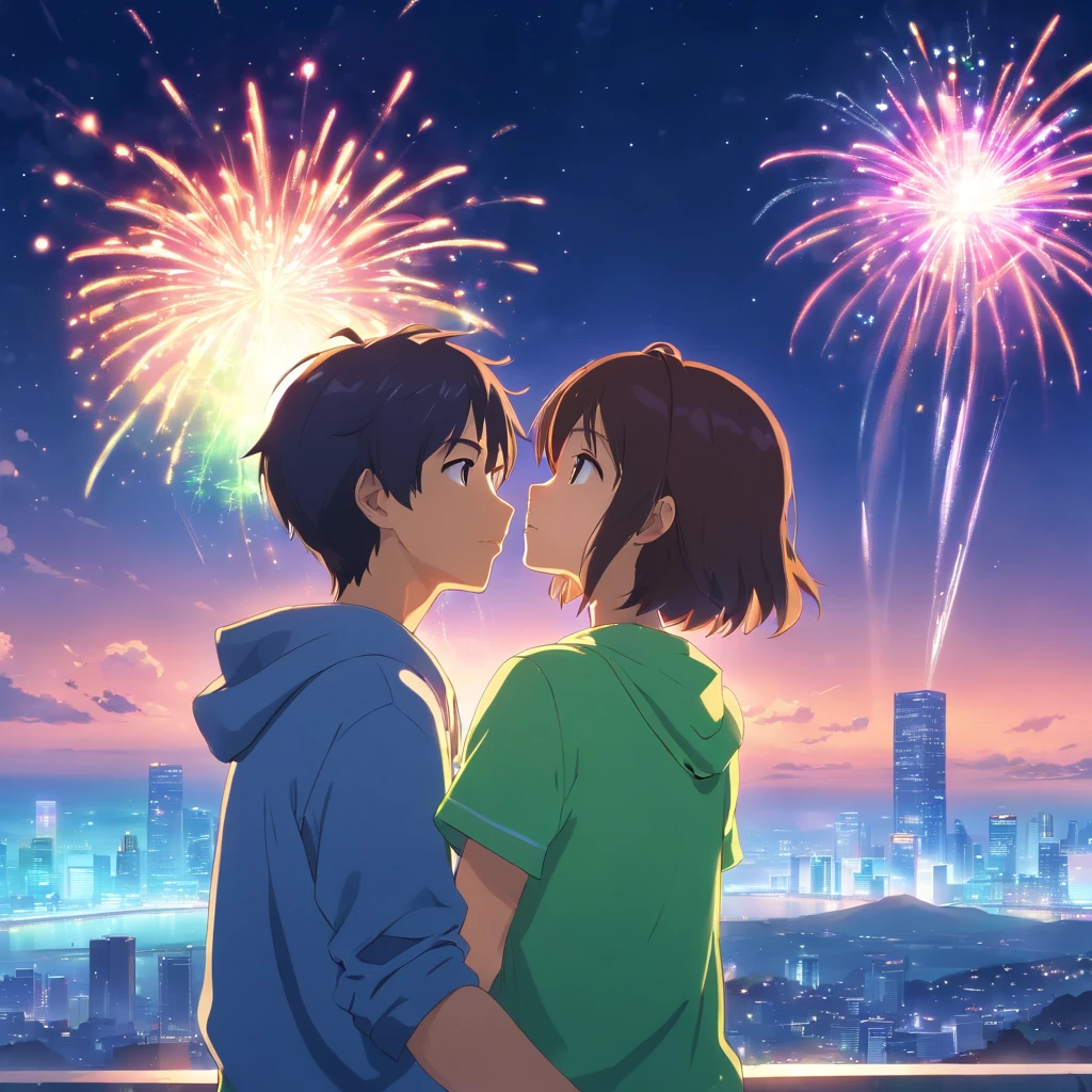 pose macro garota e um garoto , primeira beijo, na cidade, with fireworks in the shape of a heart, neon, olhos azul e verde, cabelo ruivo e loiro, beautiful colorful balloon clothes, borboletas, vagalumes, neon, Stars in the sky, smoke billowing