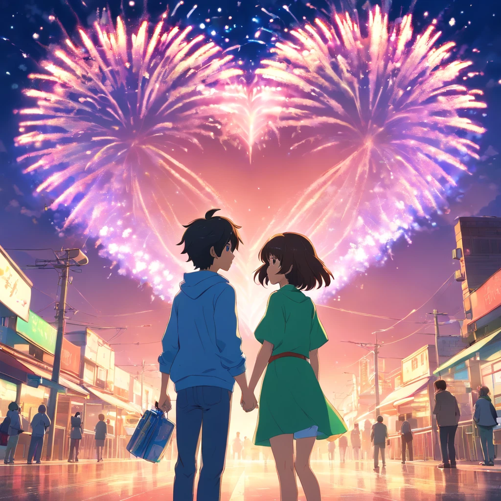 pose macro garota e um garoto , primeira beijo, na cidade, with fireworks in the shape of a heart, neon, olhos azul e verde, cabelo ruivo e loiro, beautiful colorful balloon clothes, borboletas, vagalumes, neon, Stars in the sky, smoke billowing