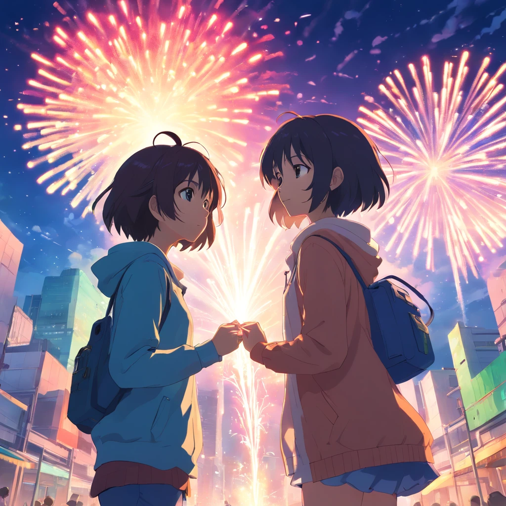 pose macro garota e um garoto , primeira beijo, na cidade, with fireworks in the shape of a heart, neon, olhos azul e verde, cabelo ruivo e loiro, beautiful colorful balloon clothes, borboletas, vagalumes, neon, Stars in the sky, smoke billowing