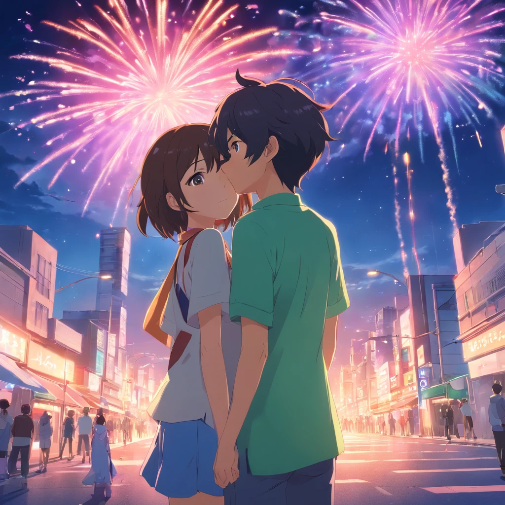pose macro garota e um garoto , primeira beijo, na cidade, with fireworks in the shape of a heart, neon, olhos azul e verde, cabelo ruivo e loiro, beautiful colorful balloon clothes, borboletas, vagalumes, neon, Stars in the sky, smoke billowing