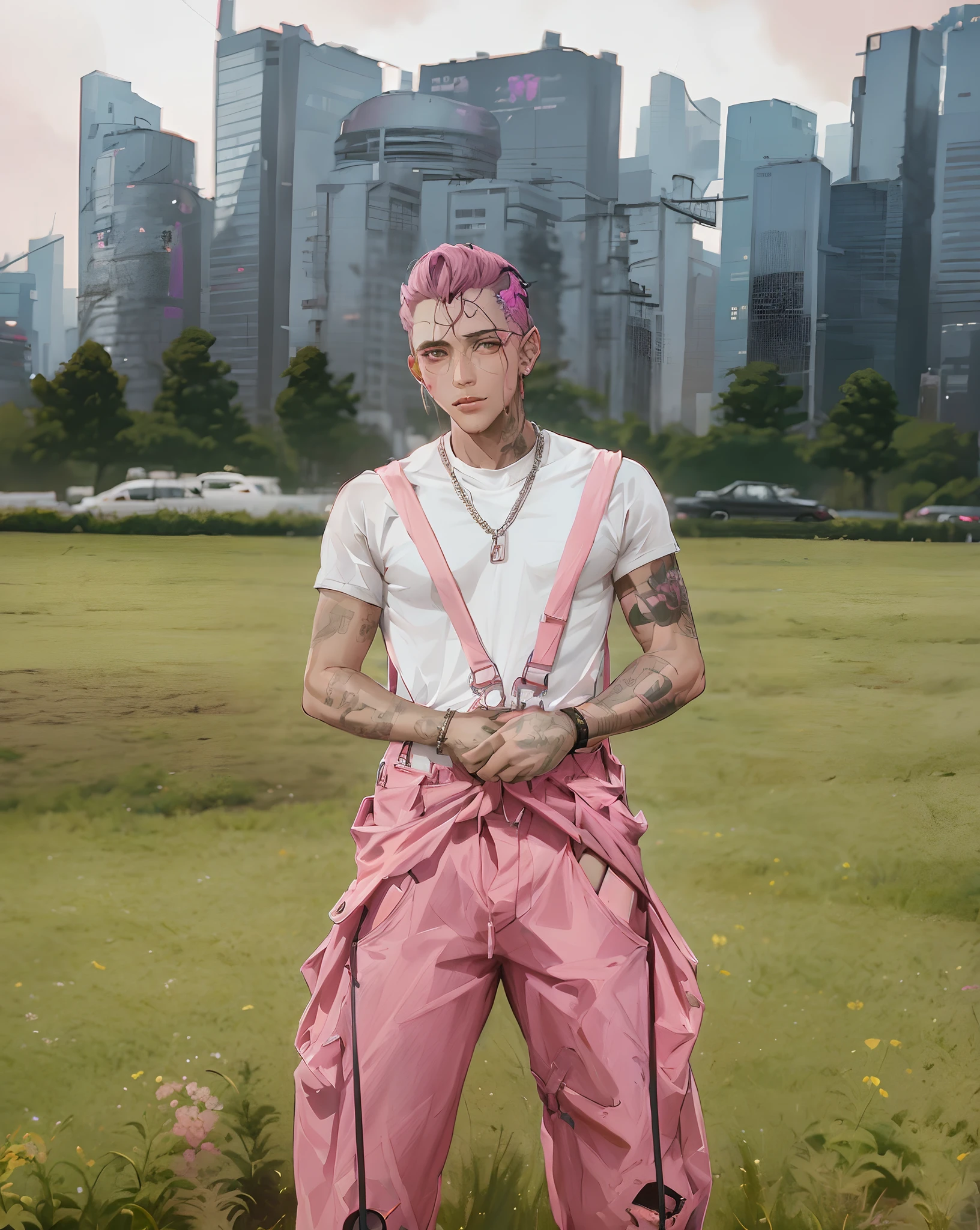 there is a man with a pink tie and pink pants standing in a field, lil peep, style of seb mckinnon, artist wearing overalls, cargo pants. cyberpunk city, artist wearing torn overalls, portrait of a pink gang, inspired by Yanjun Cheng, wearing cyberpunk streetwear, style of james jean, anton fedeev, cyberpunk streetwear