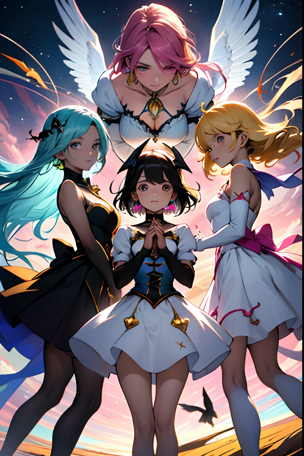 A group of 5 magical girls (Grupo Mahou Shoujo) flying together around a round and golden bird cage where a beautiful bird is trapped and a chaotic and multicolored sky in the background and over them evil eyes of a chaotic and multicolored witch, perfect hands, ROSTOS PERFEITOS, Vestidos bonitos, cabelos super coloridos e vibrantes, rostos bonitos ROSTOS PERFEITOS, cabelos bonitos, olhos expressivos, bocas bonitas, beautiful hands, detailed hands, beautiful hands, dedos perfeitos, numero de dedos de um ser humano, tendencia artstation, olhos perfeitos, perfect hands, dedos perfeitos, dedos bonitos, perfect hands, rosto perfeitos edetalhados, jovens bonitas