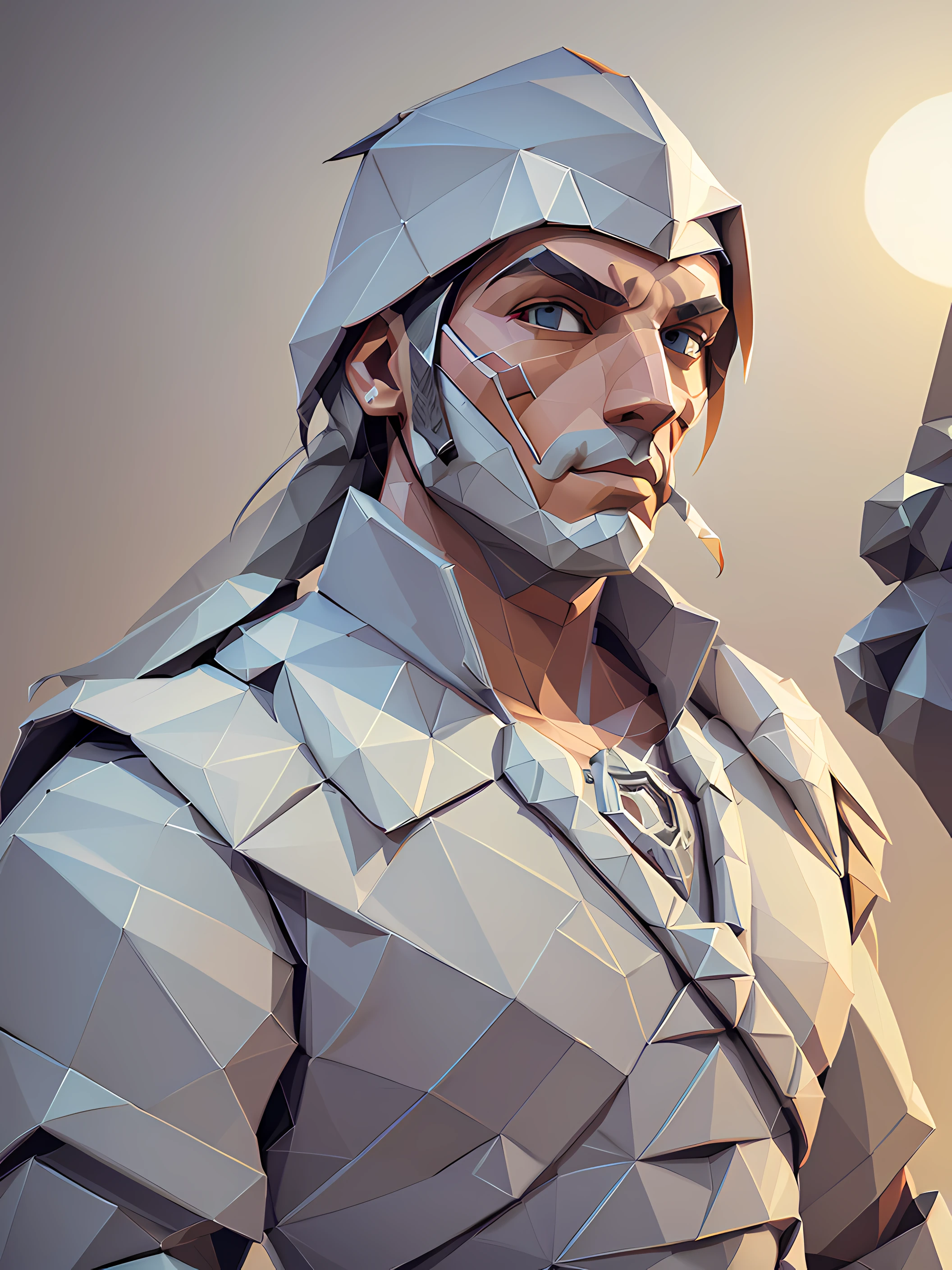(nvinkpunk:1.2) (estilo snthwve:0.8) um homem, guerreiro de batalha, anthro, lightwave, sun sunset, intrincado, (estilo lowpoly:1.5), (((illustration, fundo branco))), ((fotoretrato do rosto:1.5))