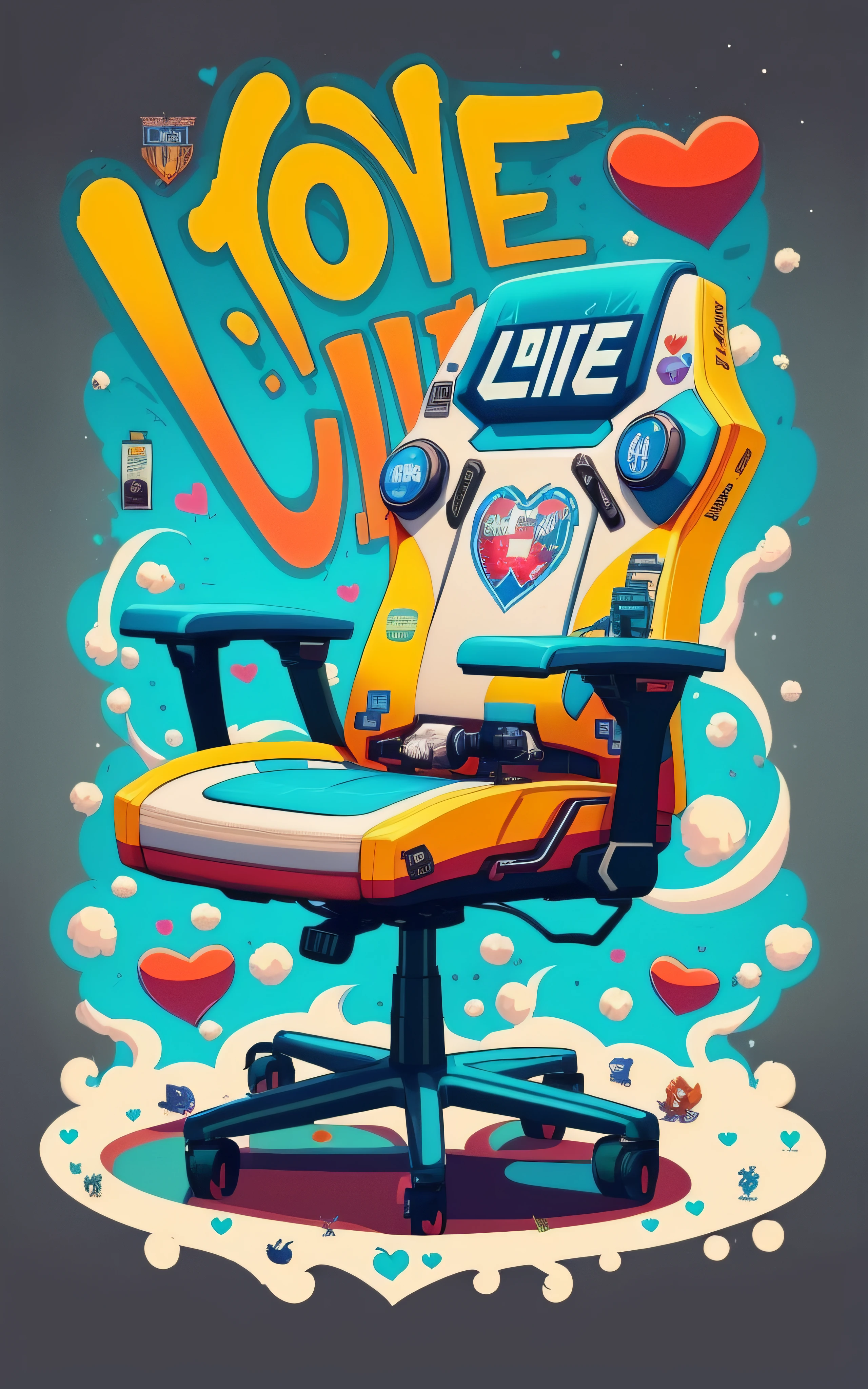 a colorful poster with a computer and a heart in it, Video game style, cadeira gamer, arte de jogos de computador, arte de desenvolvimento de jogos, cartaz do jogo, official poster artwork, Cartaz de videogame, poster illustration, estilo de arte cyberpunk, arte do jogo, 8 0 - Cartaz estilo s, estilo de videogame, estilo de arte do cartaz, arte do jogo!!, Cartaz dos anos 80, fanart de videogame