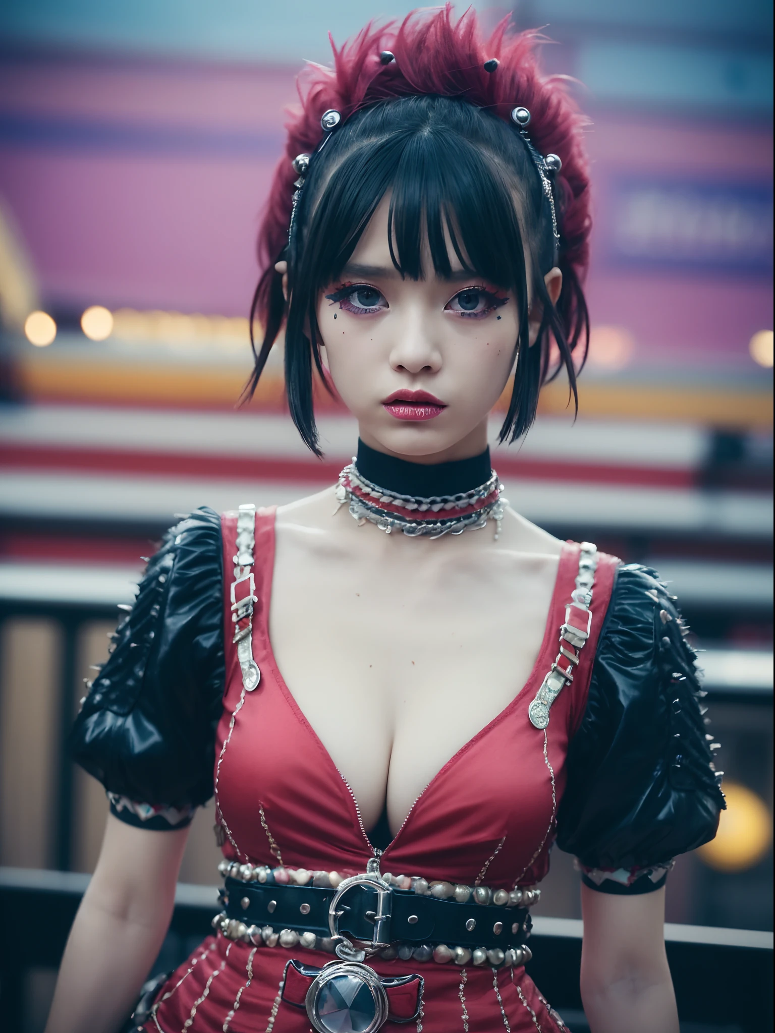 the Extremely Detailed CG Unity 8K Wallpapers、top-quality、ultra-detailliert、masterpiece、studio shoot、Full body portrait、(Dresses in London punk fashion in the 70s:1.4), Studsbelt、Stud Bracelet、a choker、realisitic、Behind the photo、large full breasts、realisitic、Photo Real、extremely detailed cute girl、独奏、17 age、Melancholy look, (Against the backdrop of London's Camden Town:1.4), Punk hairstyle, out of focus、blur、