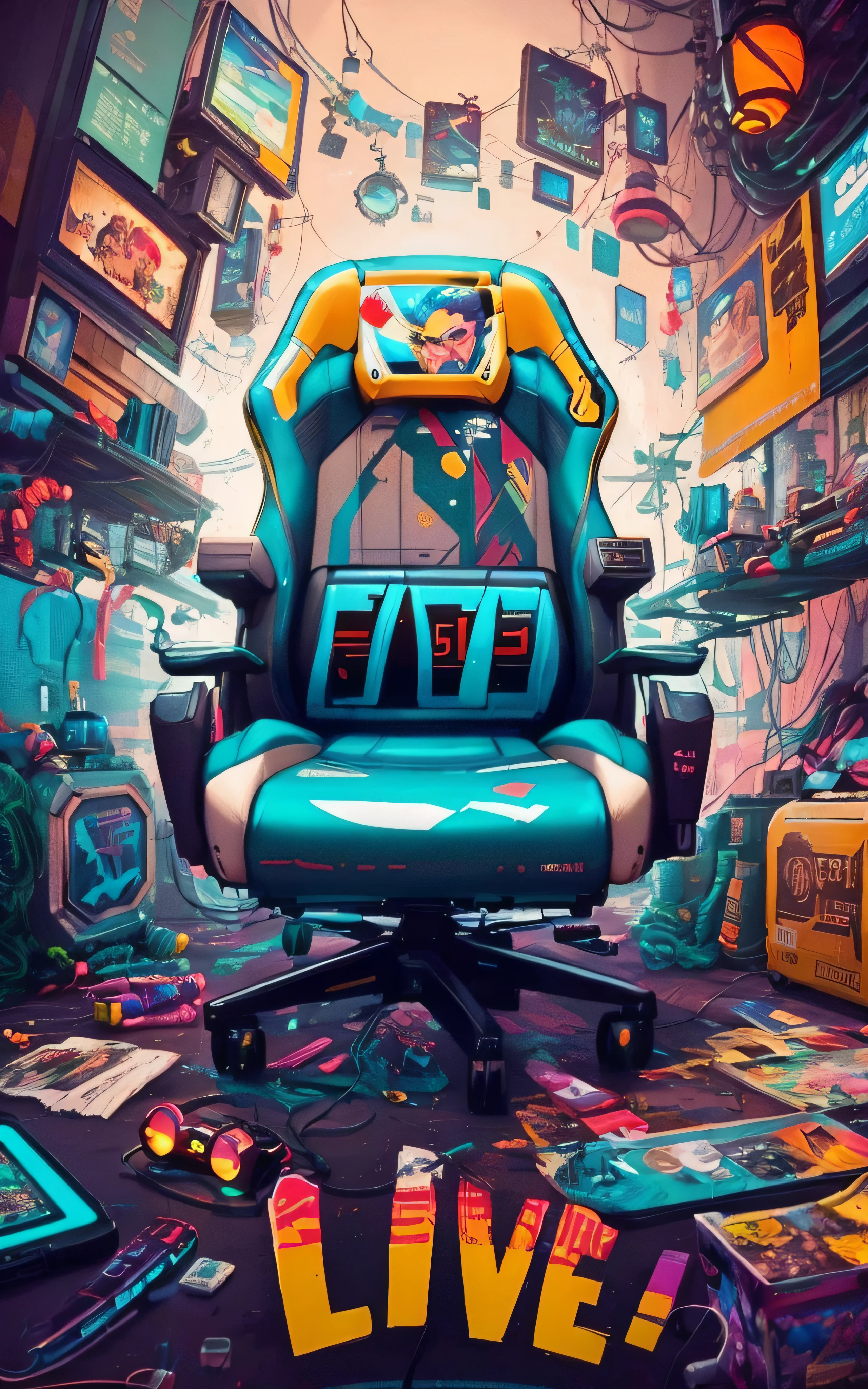um close up de uma cadeira gamer em uma sala com grafite, Dan Mumford. 8K octane rendering, Dan Mumford. octan render, estilo de arte cyberpunk, Obra-prima Beeple, cadeira gamer, Dan Mumford. maya render, em estilo de bipe, Estilo Beeple, estilo de arte impressionante, estilo de arte cyberpunk, in a cyberpunk themed room, arte do jogo ultra detalhada
