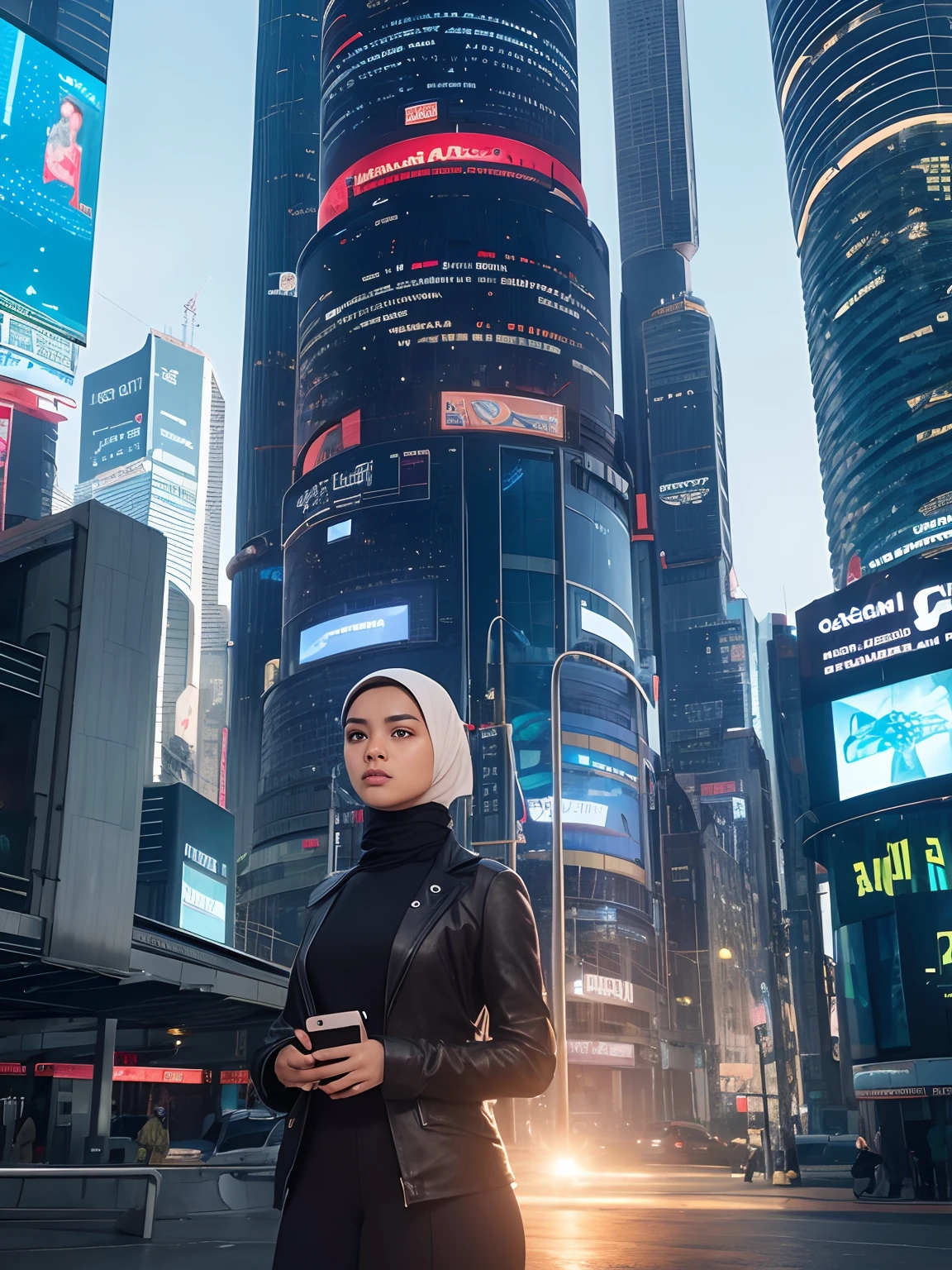 Illustrate a futuristic cityscape where a Malay girl in hijab uses her advanced technology and intelligence to solve complex cyber mysteries and navigate a high-tech, cyberpunk world