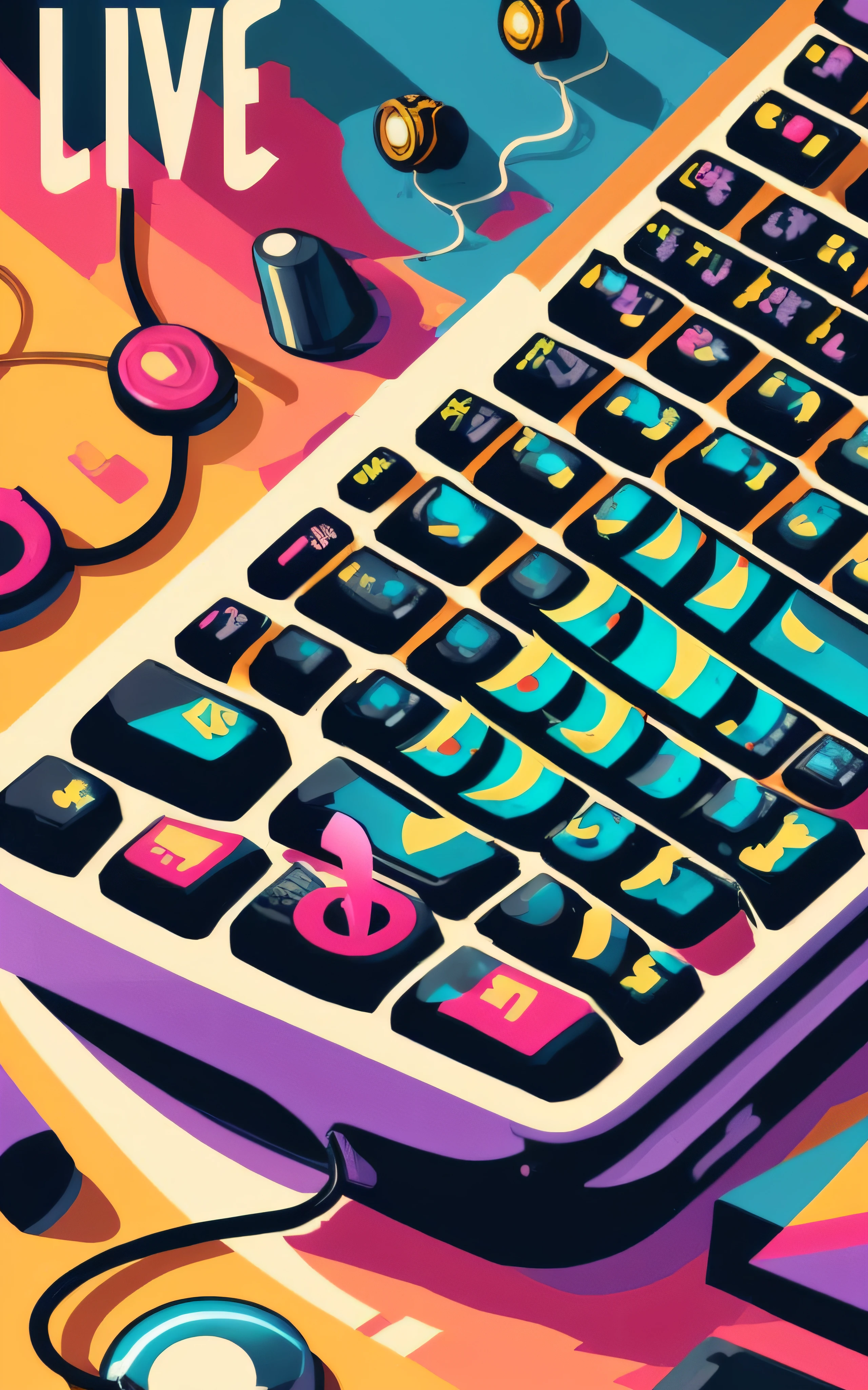 There is a computer keyboard with a lot of different colored keys, arte do Adobe Illustrator, in illustration style digital, Jen Bartel, baixo detalhamento. pintura digital, 3d grainy aesthetic illustration, Teclados, stylized digital illustration, pintura digital detalhada, Procreate Illustration, arte synthwave, teclado, cores planas estilizadas, inspirado em James Gilleard, mechanical keyboard