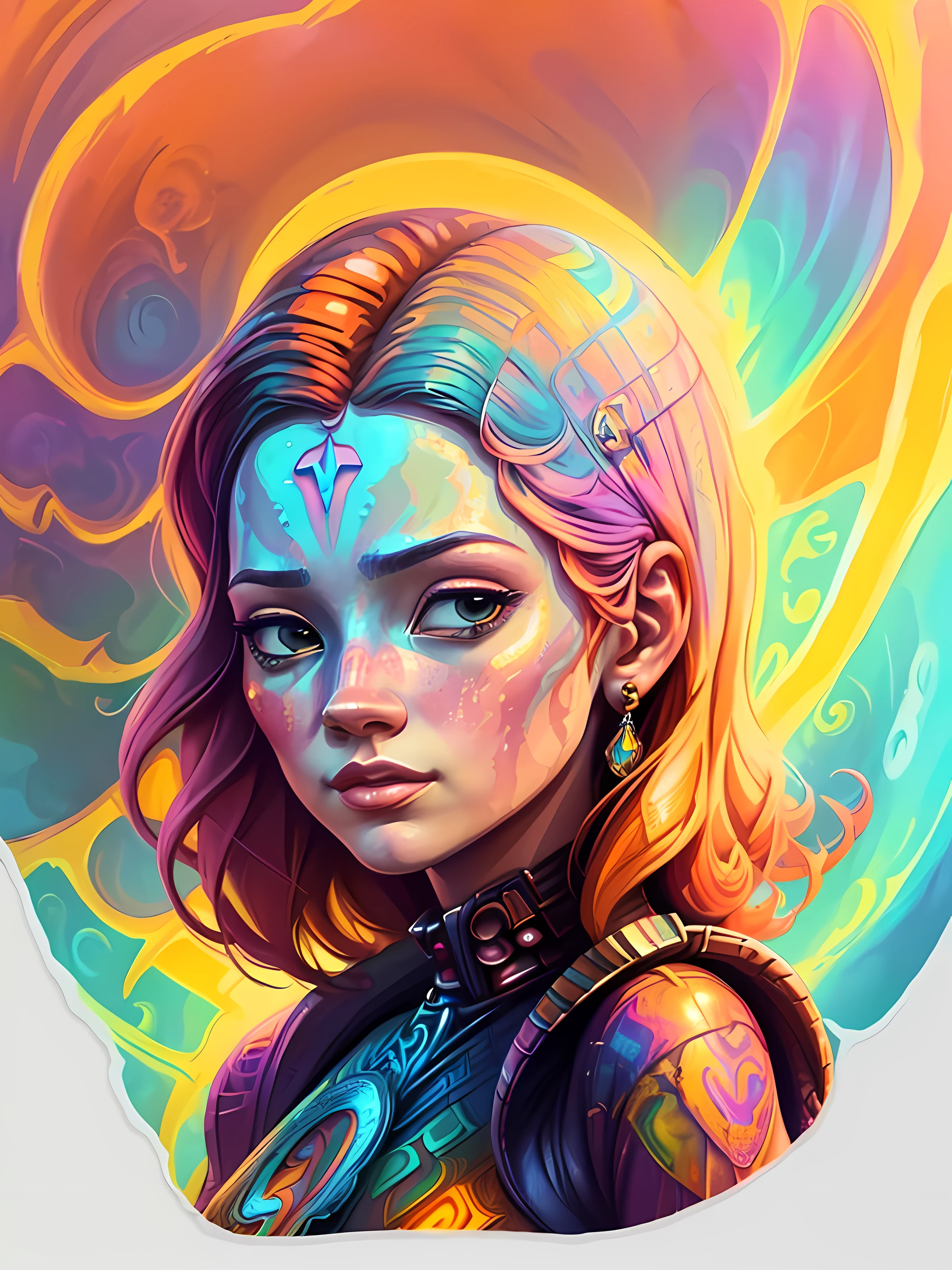 (nvinkpunk:1.2) (estilo snthwve:1.2) uma mulher inspirada em Karen Gillan, anthro, lightwave, sun sunset, intrincado, (psychedelic art style:1.5), (((illustration, arte de Griffiths e fundo branco))), ((fotoretrato do rosto:1.5))