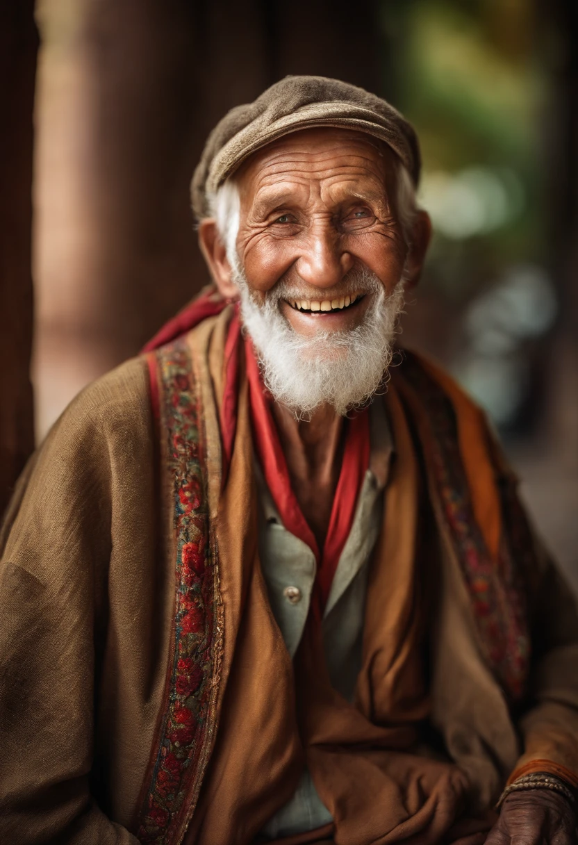 A 90 year old man, ridiculous smile, detailed and wrinkled face, long white beard,(((no teeth))), (((lost teeth))), sparkling eyes, body thin and fragile, hunched posture, [wise expression], [colorful clothes], walking stick, peaceful and contented expression, (best quality: 1.2), super detailed, realistic :1.37,portrait,vivid colors,warm tones,soft lighting,