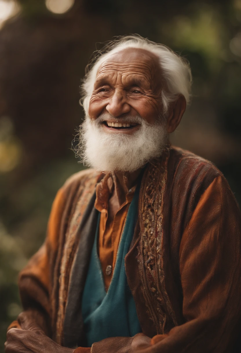 A 90 year old man, ridiculous smile, detailed and wrinkled face, long white beard,(((no teeth))), (((lost teeth))), sparkling eyes, body thin and fragile, hunched posture, [wise expression], [colorful clothes], walking stick, peaceful and contented expression, (best quality: 1.2), super detailed, realistic :1.37,portrait,vivid colors,warm tones,soft lighting,