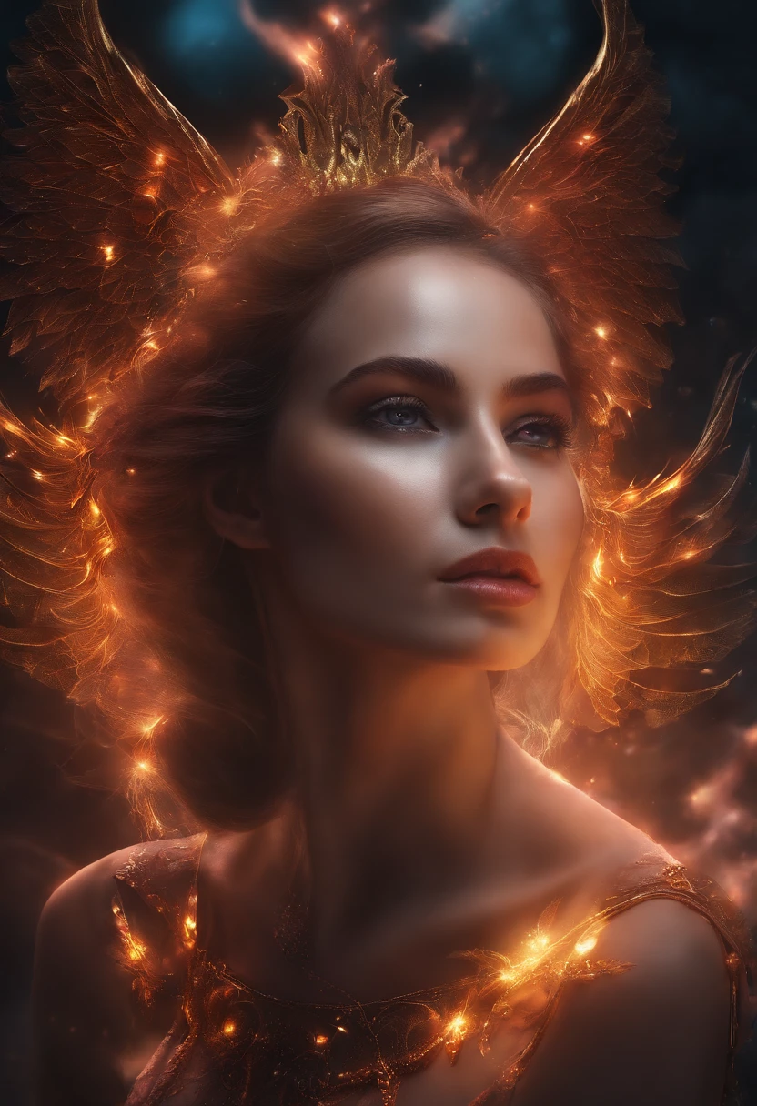 cg art，Young woman，The colors are strange，Bust，magia，Cosmic Fallen Angel, glowing light eyes, Biomechanical, eerie, Creepy, nightmarish, Very bright colors, Light particles, with light glowing, Mshiv, wallpaper art, UHD wallpaper