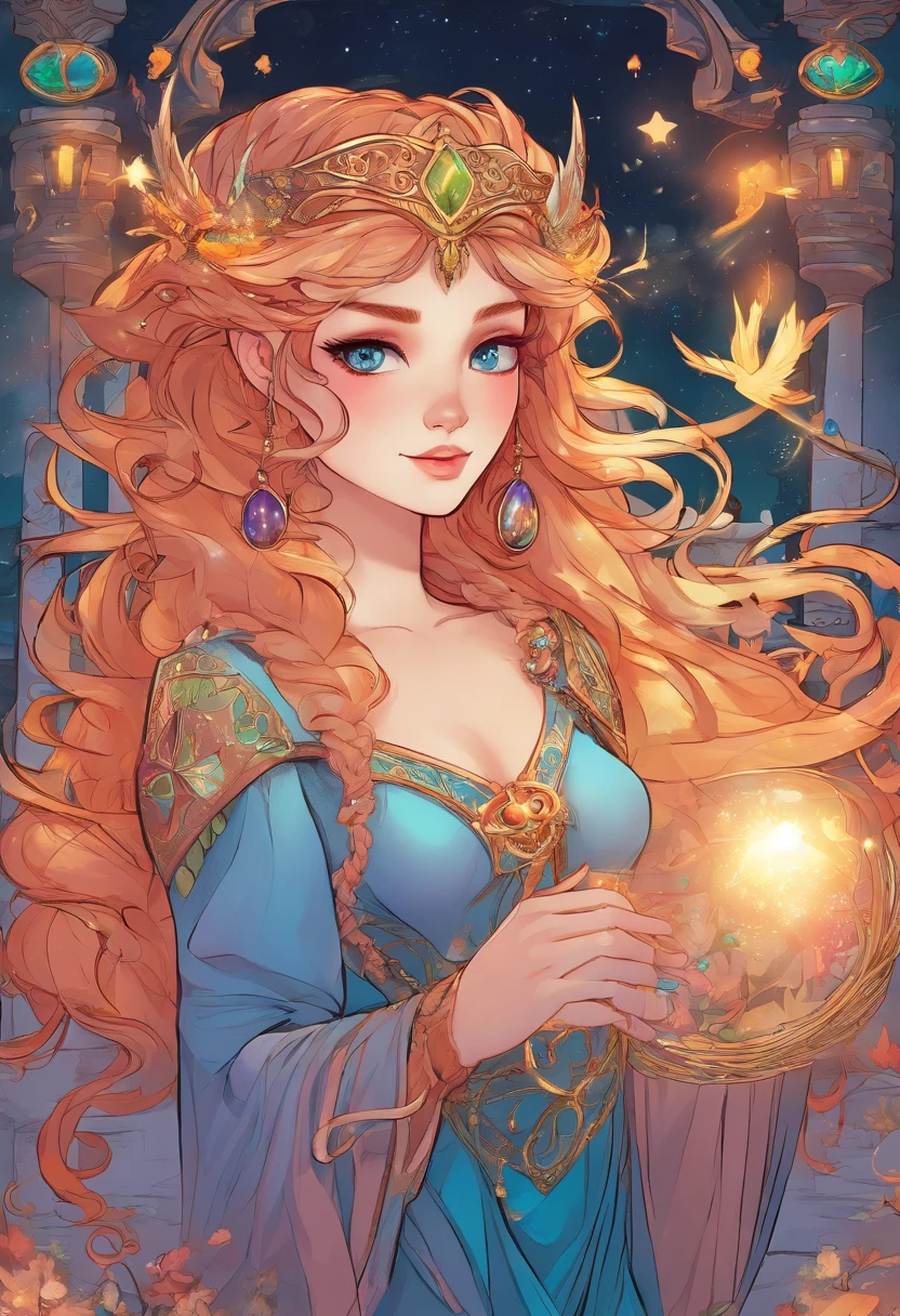 best quality,4k,8k,highres,masterpiece:1.2,ultra-detailed,realistic:1.37,portrait,western mythology,Elvis kingdom,magic academy,fire spirit academy,Alyssa,beautiful detailed eyes,beautiful detailed lips,extremely detailed eyes and face,long lashes,red hair,flowing golden locks,enchanted forest background,magical glowing orbs,mythical creatures,fairies and unicorns,sparkling wand,wisps of magic floating in the air,majestic palace,royal crown and gown,celtic symbols,twinkling stars in the sky,mysterious moonlight,soft ethereal lighting,magical atmosphere,colorful and vibrant palette