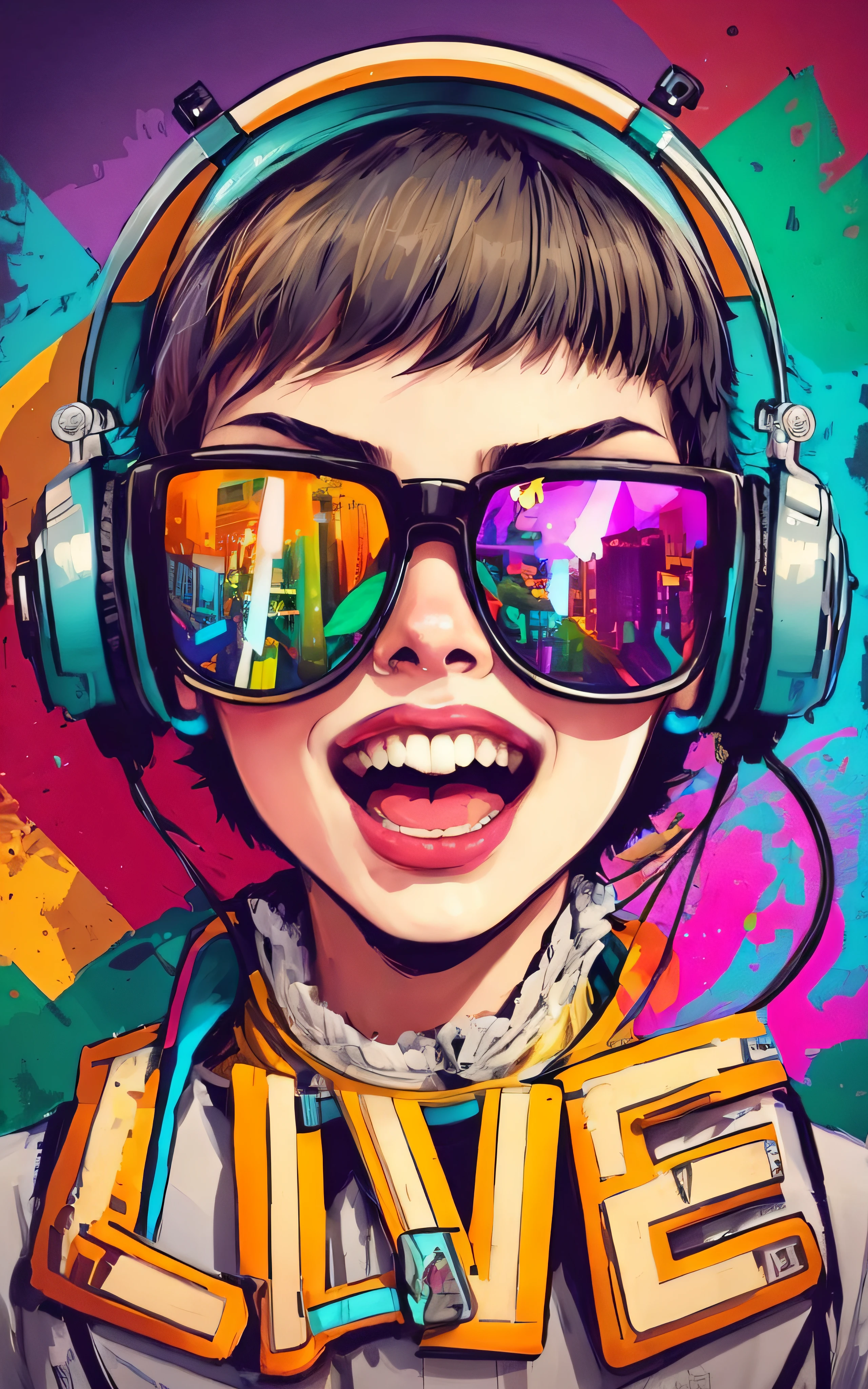 a boy wearing headphones and sunglasses with the words live, full-colour illustration, full-colour illustration, menina rave, in illustration style digital, vivid colorful comic style, rossdraw desenho animado vibrante, estilo de arte cyberpunk, arte oficial, arte vibrante dos desenhos animados, vivid colorful comics style, vibrant fan art, menina raver, menina glitchpunk, estilo de arte digital
