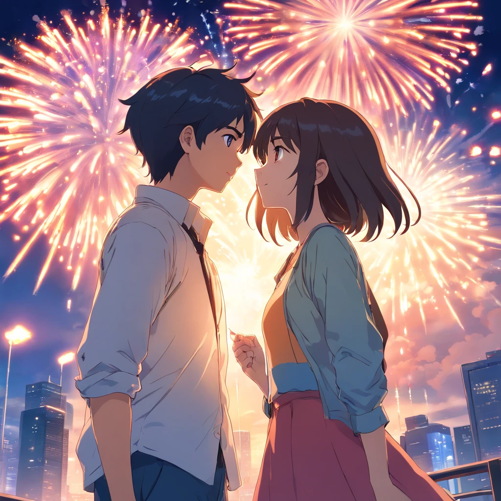 garota e um garoto , primeira beijo, na cidade, with fireworks in the shape of a heart, neon, olhos branco e preto cabelo ruivo e loiro, roupas lindas coloridas, balloon, borboletas, vagalumes, neon, Stars in the sky, smoke billowing