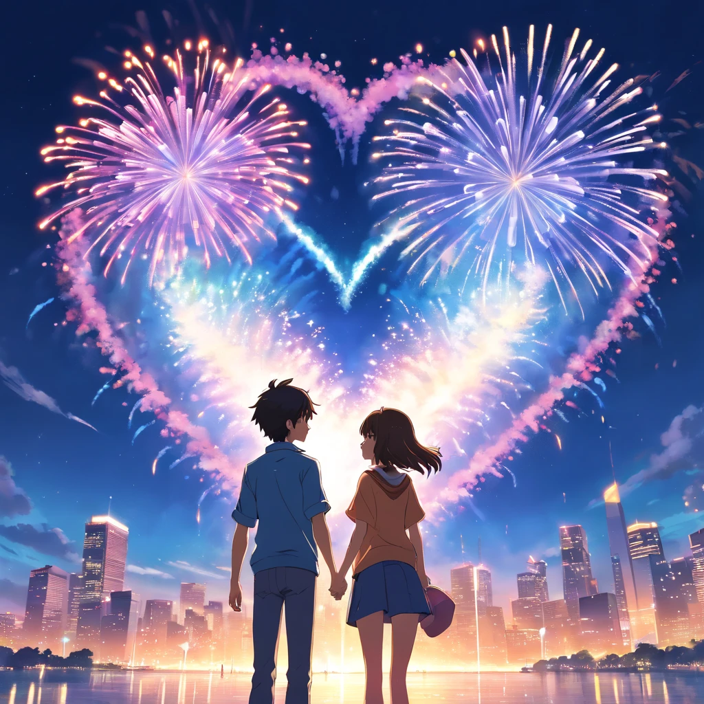 garota e um garoto , primeira beijo, na cidade, with fireworks in the shape of a heart, neon, olhos branco e preto cabelo ruivo e loiro, roupas lindas coloridas, balloon, borboletas, vagalumes, neon, Stars in the sky, smoke billowing