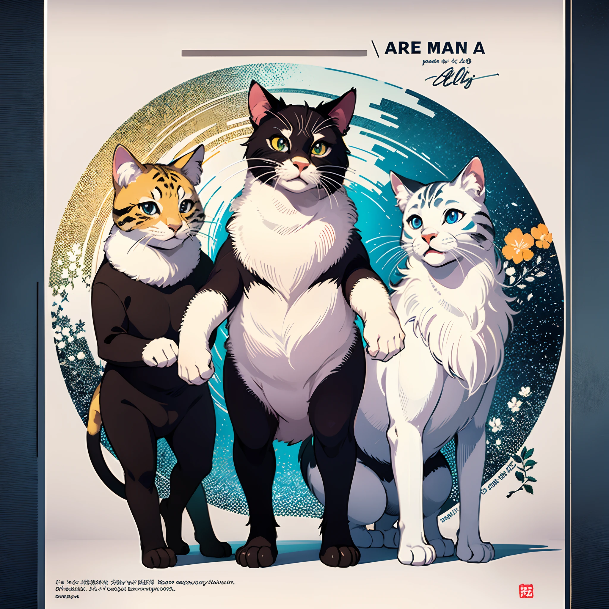 top-quality、top-quality、logo mark、stamp、Geometric pattern、vector-art、High-quality illustrations by Alfons Mucha、masterpiece(Furry、furry anthro)florals、Pixel art、Three-headed body、Cats