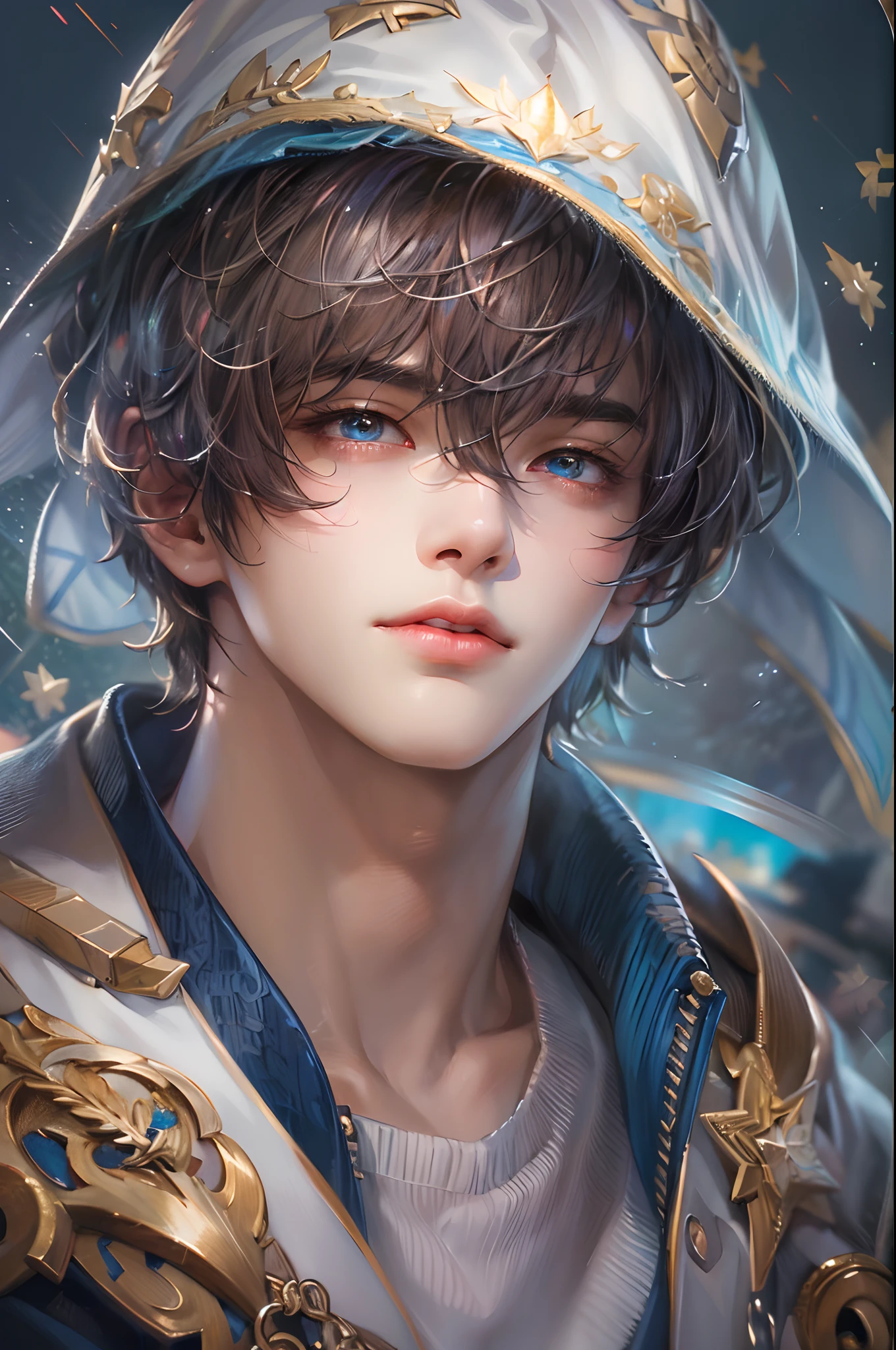 (absurdres, highres, ultra detailed, HDR), masterpiece, best quality, Android Game Character , short hair, handsome boy, anime eyes, Mobile Legends Hero, detailed scebe, detailed character