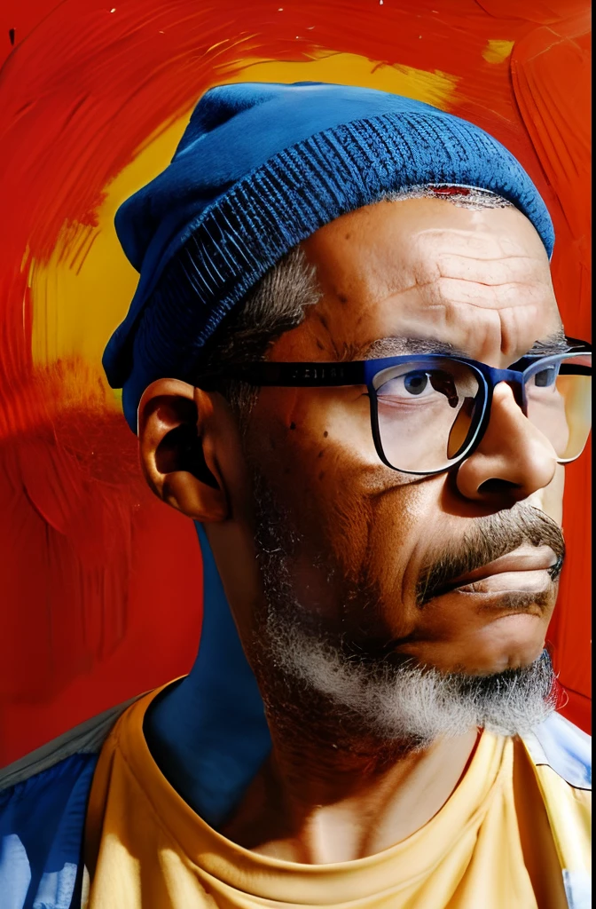 "A shoulder-up portrait in oil paint of a man wearing glasses, painted only with primary colors - red, amarelo, e azul, usando pinceladas grossas, com um toque de tinta preta no fundo."