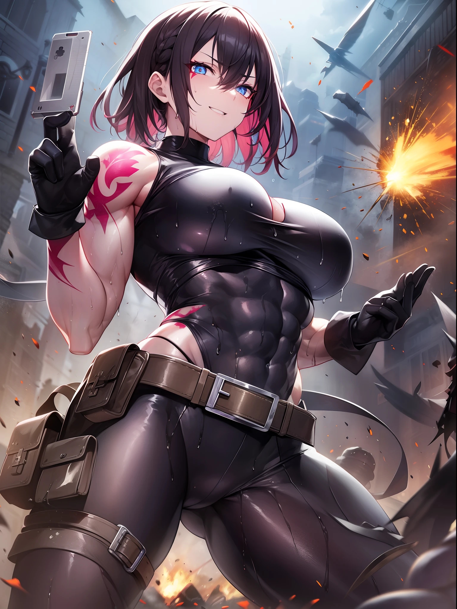 Outrageous resolution、masutepiece++, Best Quality++, ultra-definition++, ultra-definition++, 4K++, in 8K++, Side view, (Background Focus)++, Extremely detailed, Muscular wild big with clearly visible abs and muscles, (Bleeding)++, (Exploding battlefield),(appearance々A huge breasts mafia group full of scars in a colored full-body suit), (((Wrap dynamite and grenades all over the body)))+++、(Evil), (shiny hair and skin),(Whole body々Wearing a colored suit), short-haired,(Colorful eyes), (Asahi), (Wearing a full-length suit)+, ((Muscle big breasts mafia full of scars)) +++, Evil, ((Beautiful)), ,Explode on the battlefield,perpetrator, ragged clothes, evil eyes, western architecture, Dark tones, fantasy-inspired, hard disk, Best Quality, game, Wallpaper, dark environment,Belt bag, (battle posture), Lively, cleanshaven, Tight abs, Tomomo with tense muscles, Evil smile, Perfect eyes, Pupils, Perfect hands, Bloody Body, Wild tattoo, Evil atmosphere, (wet effect)+, (light effect), (Cinematic Light)+, (Light cinematic)+