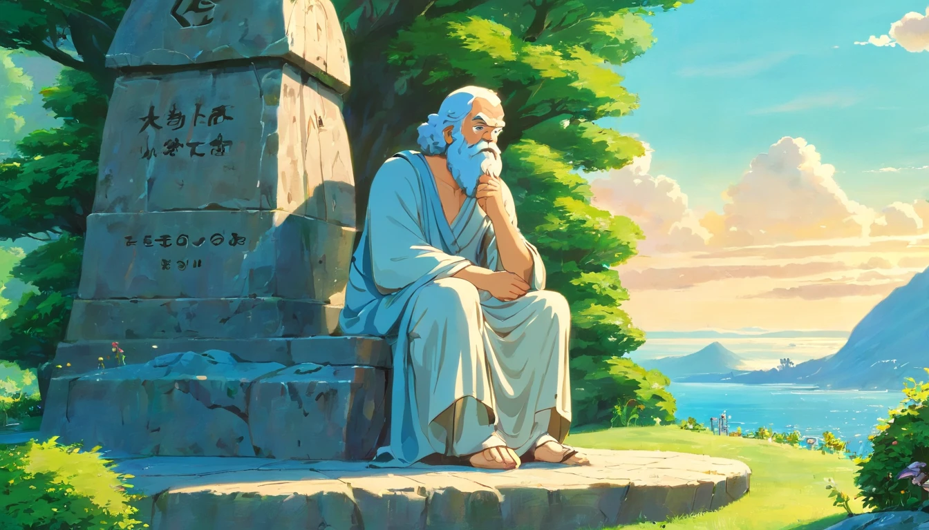 fantasy painting,((Stone statue of Socrates)),Waiting for the bus at Totoro and the bus stop