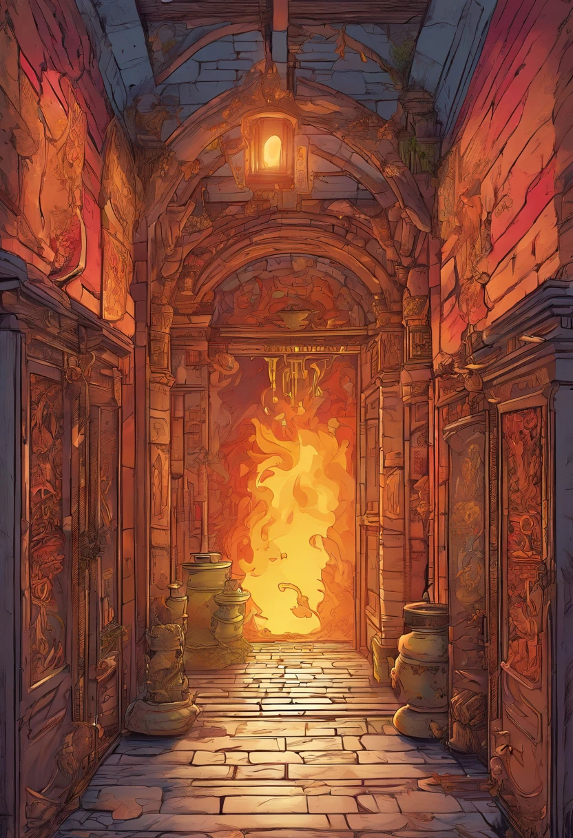 (best quality,4k,8k,highres,masterpiece:1.2),ultra-detailed,(realistic,photorealistic,photo-realistic:1.37),fire control,maze,magical doorway,mysterious and dangerous world,Dark fantasy,illuminated corridor,otherworldy creatures,ominous atmosphere,vibrant colors,dramatic lighting