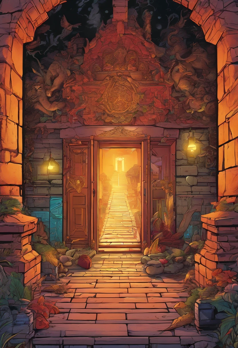(best quality,4k,8k,highres,masterpiece:1.2),ultra-detailed,(realistic,photorealistic,photo-realistic:1.37),fire control,maze,magical doorway,mysterious and dangerous world,Dark fantasy,illuminated corridor,otherworldy creatures,ominous atmosphere,vibrant colors,dramatic lighting