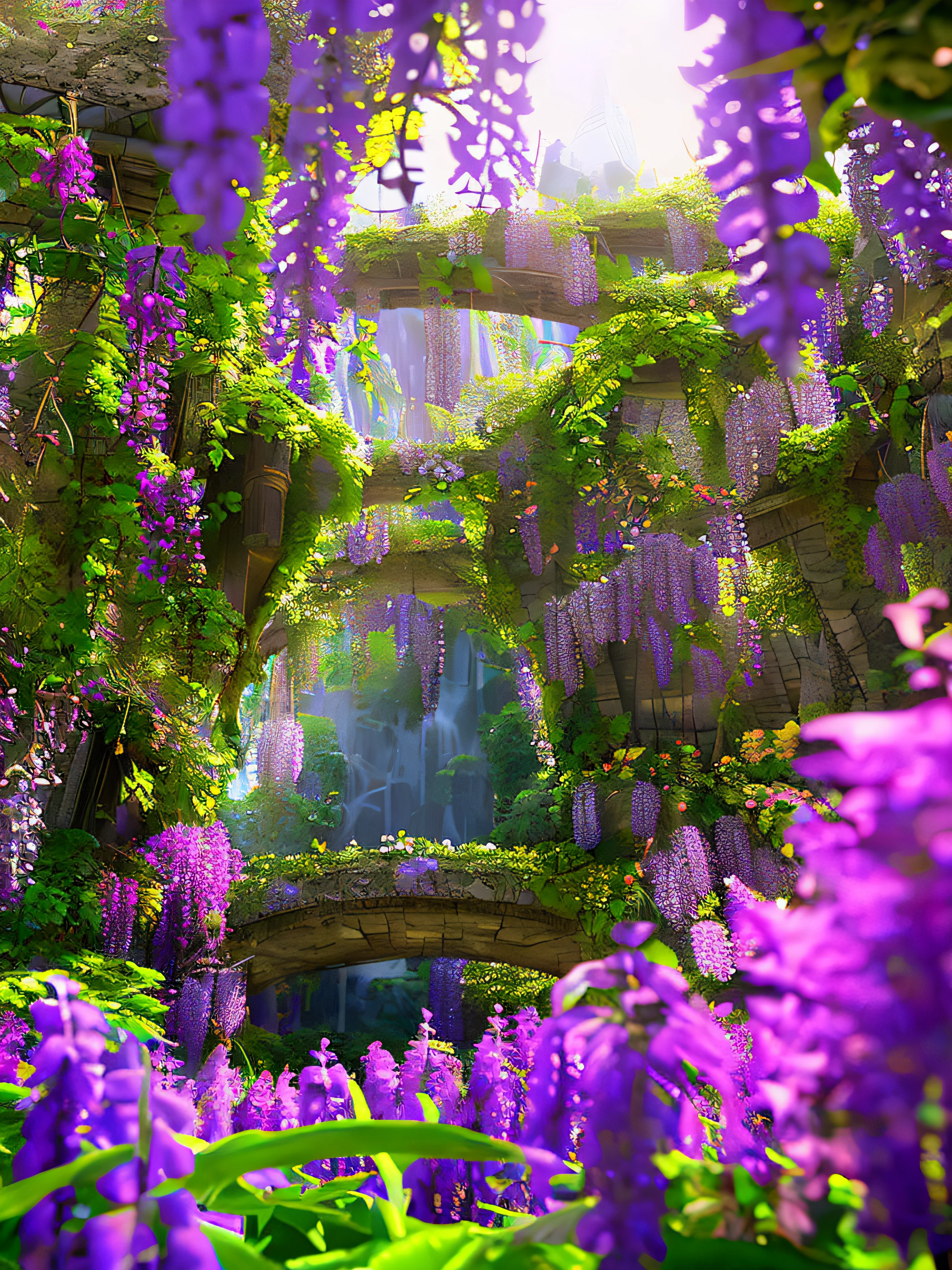 garden of eden, vivid colorful flowers, lots of purple and pink wisteria hanging from ceiling, overgrown, vines, moss, style of Renato Mucillo landscape, Andreas Rocha artstation :: epic scale, dramatic lighting, 8k post processing, many golden layers, trending on artstation, environment highly detailed --ar 2:5 --no people, buildings --test --uplight