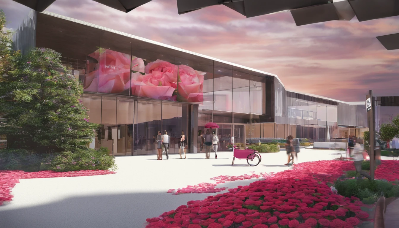 A rendering of a large rose exhibition building,Concept art of space design in the shape of roses,Renderings of the exhibition hall,conceptual drawing, 3D modeling,C4D style,wide wide shot,8K,