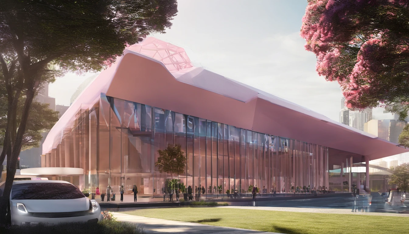 A rendering of a large rose exhibition building,Concept art of space design in the shape of roses,Renderings of the exhibition hall,conceptual drawing, 3D modeling,C4D style,wide wide shot,8K,
