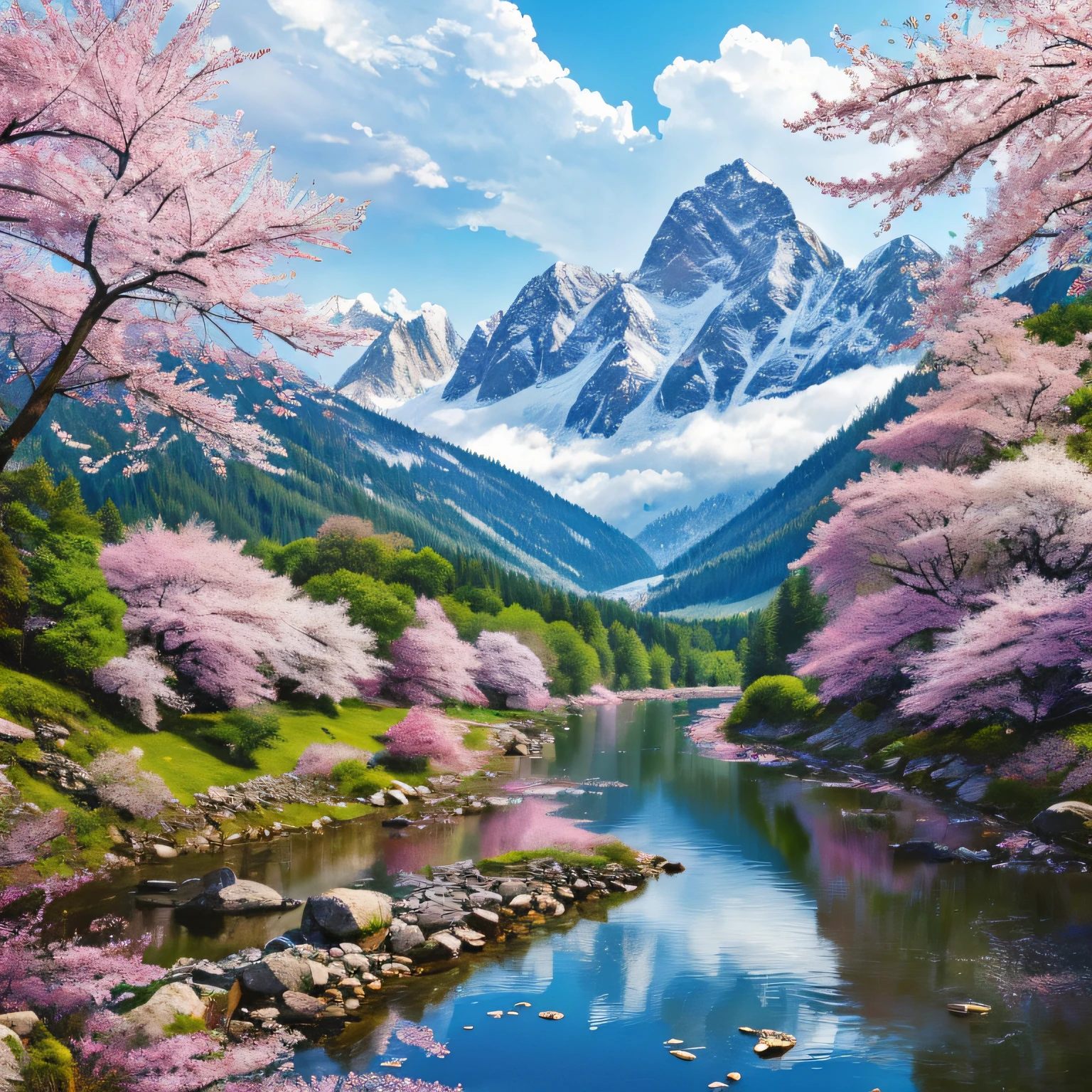(Masterpiece, Top Quality, Best Quality, Official Art, Beauty and Aesthetics: 1.2), Very Detailed, Colorful, Most Detailed, Branches, Mountains and Rivers, Cherry Blossoms, Outdoor, Petals, Landscape, Rain, Trees, Sky, Street