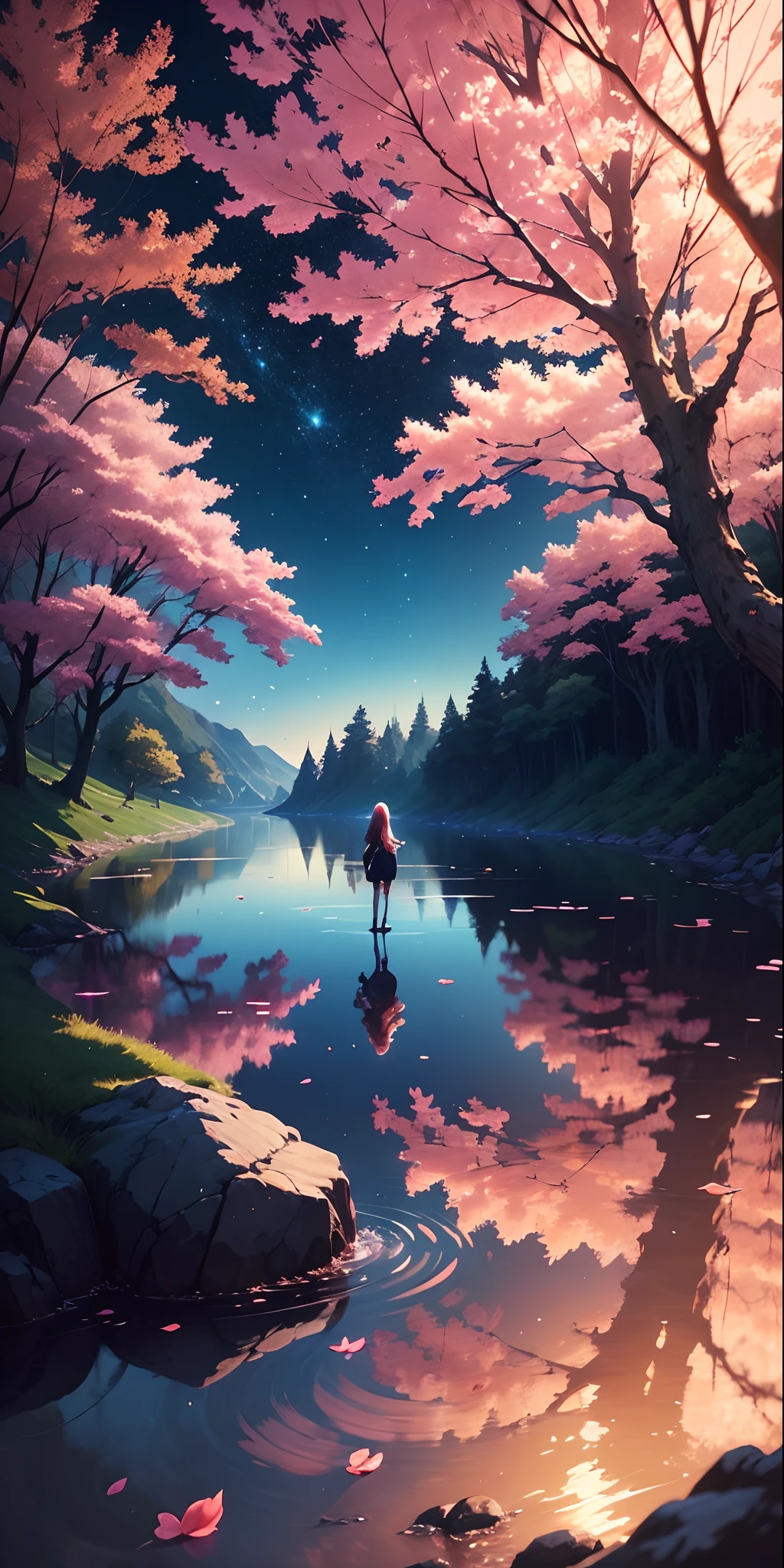 anime - style painting of a woman standing on a rock in a lake, a picture inspired by Makoto Shinkai, pixiv contest winner, conceptual art, anime beautiful peace scene, beautiful anime scene, beautiful anime scenery, makoto shinkai cyril rolando, makoto shinkai. digital render, in style of makoto shinkai, makoto shinkai art style, Sakura trees and petals falling into rivers, clear waters, reflection in water, night sky with galaxy and Star
