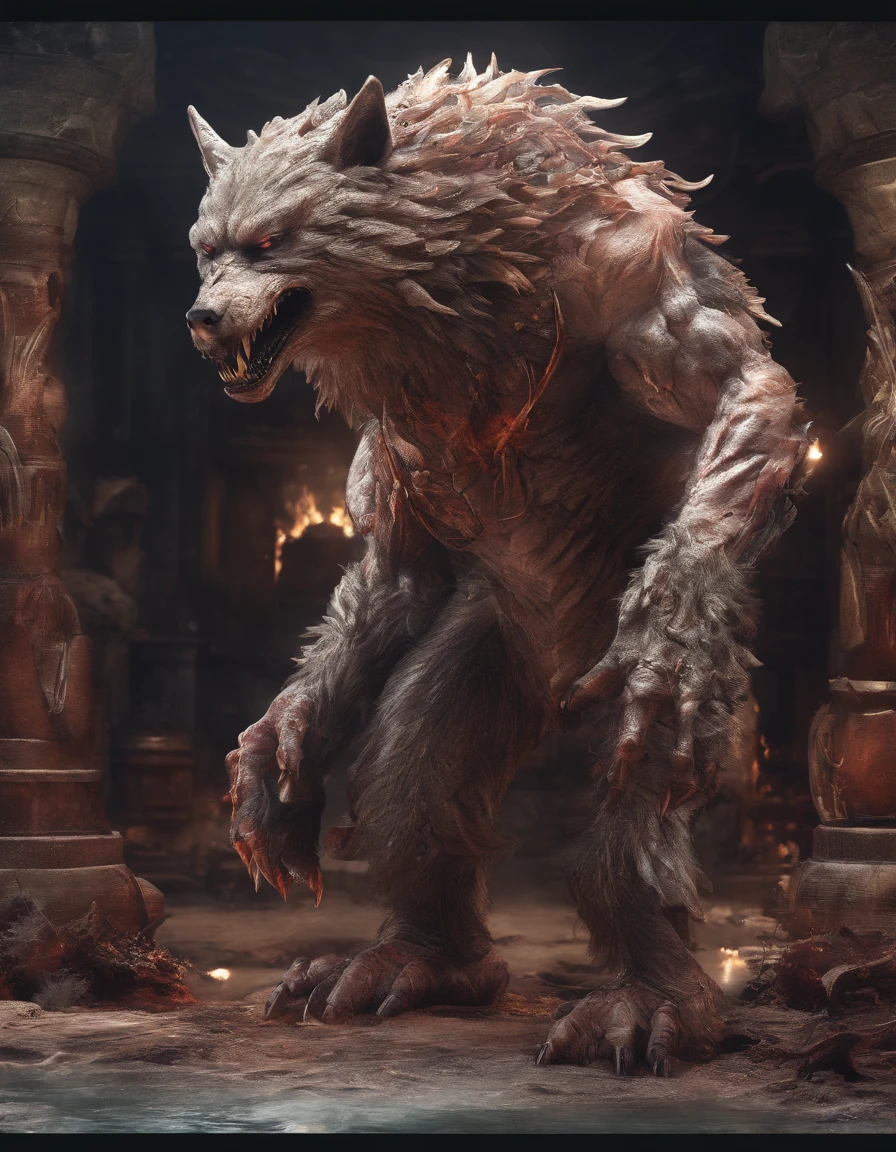 Strange beasts in a fantasy world,Blood,Giant hellwolf covered in flames,Stout limbs,Strong muscles,Full moon,broken castles,Burning flame,Blood,Moon Night,中景 the scene is,Full body like, highly detailed surreal vfx,oc rendered,Shot with 70 mm - AR 16:9 --q 2 --s 1000