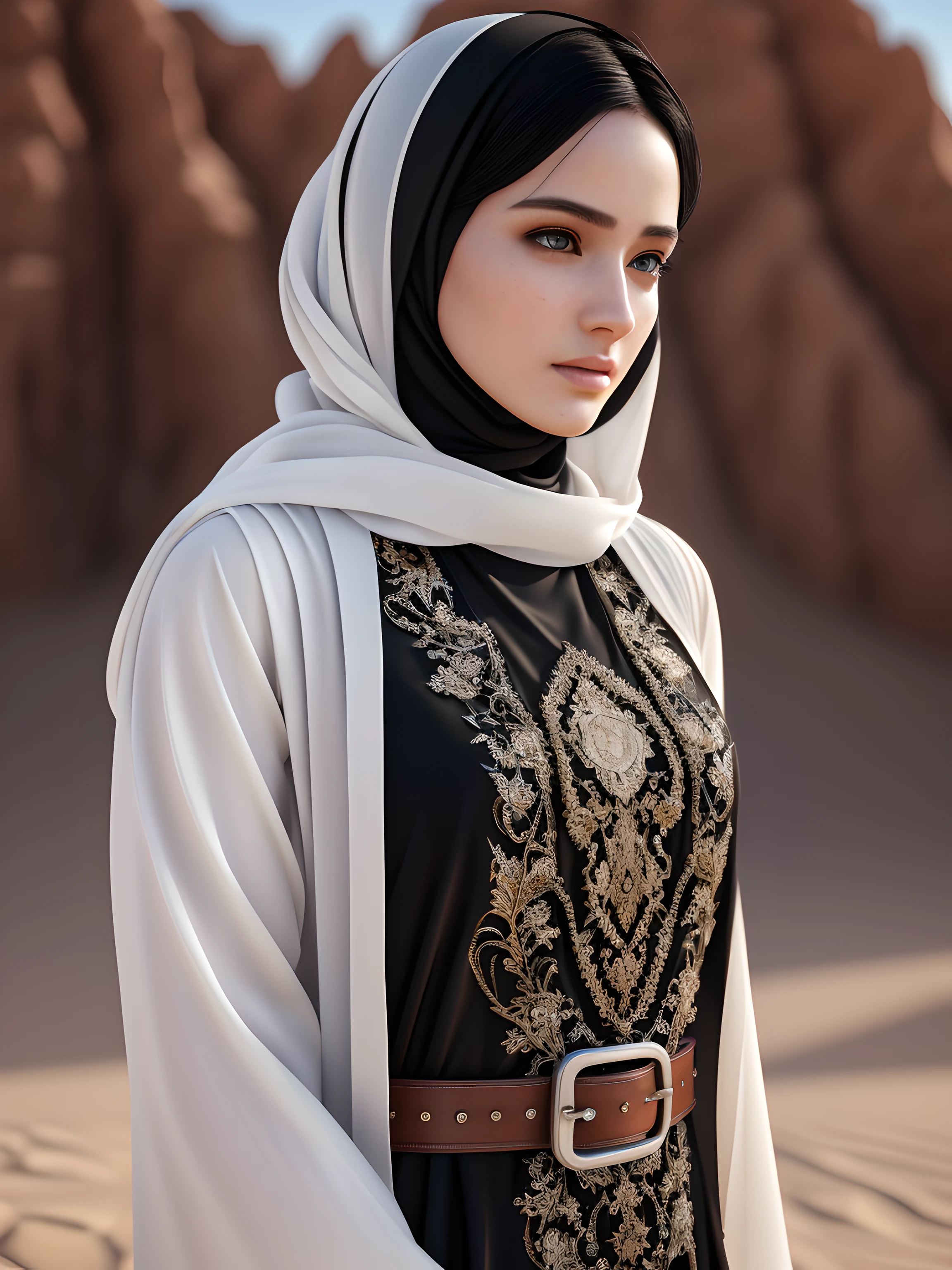 (realistic:1.3), insane detailed, quality, (masterpiece:1.2), (photorealistic:1.2), (best quality), (detailed skin:1.3), (intricate details), ray tracing, ((half body)), (1girl), 25 years old, black hair, medium breasts, white abaya, longsleeve, belt, desert, (blurry background), (extremely detailed skin, extremely detailed hair)