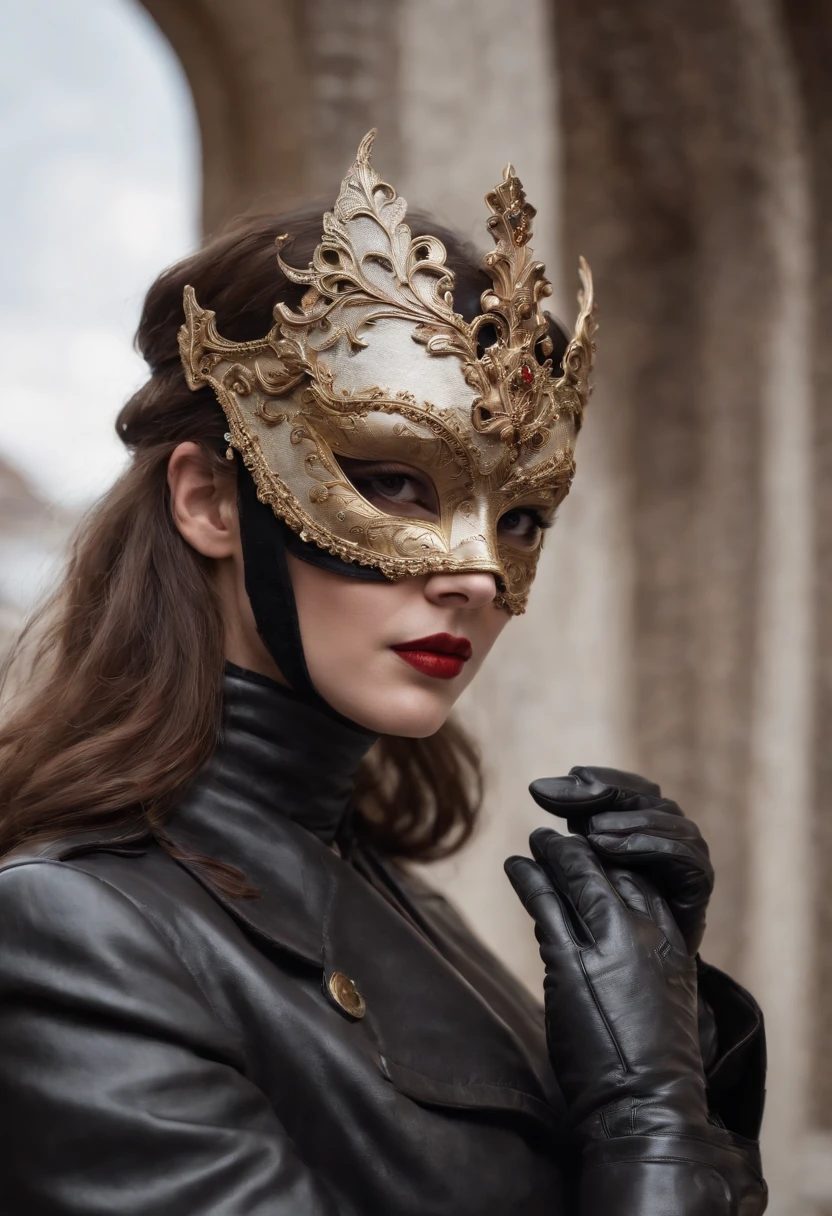Venetian mask covering the entire face, black leather gloves, trench coat, long boots, women