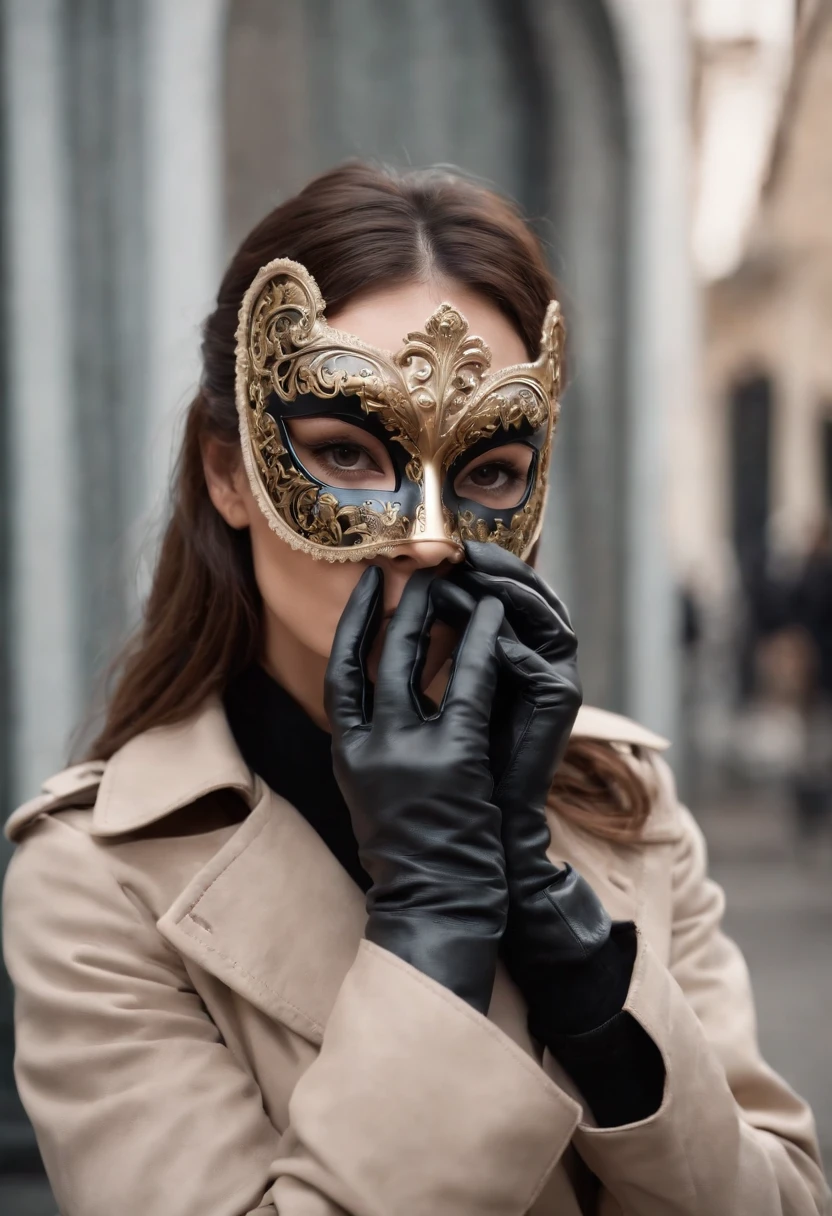 Venetian mask covering the entire face, black leather gloves, trench coat, long boots, women