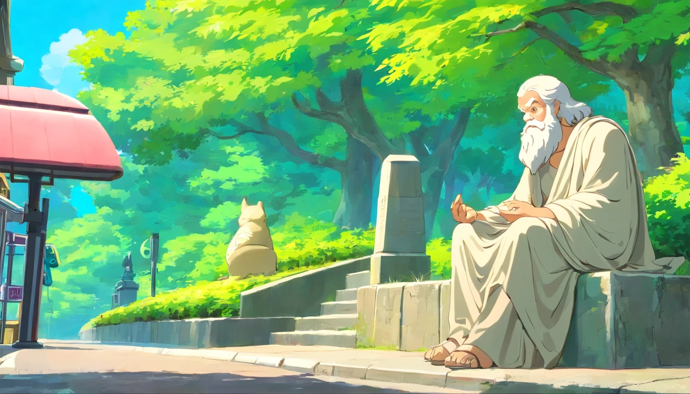 fantasy painting，((Stone statue of Socrates)),Ghibli style，Bus stop where Totoro is waiting for the bus