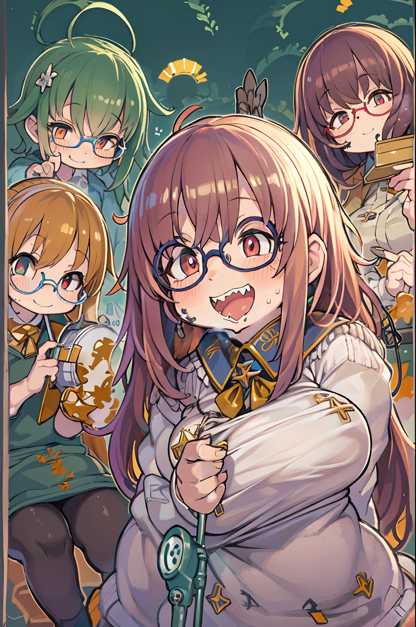 masutepiece, Best Quality, 1girl in, Sharp eyes, Cultivated woman, Smile,a child girl,Lori,rocket launcher、Multiple girls、big round glasses,
