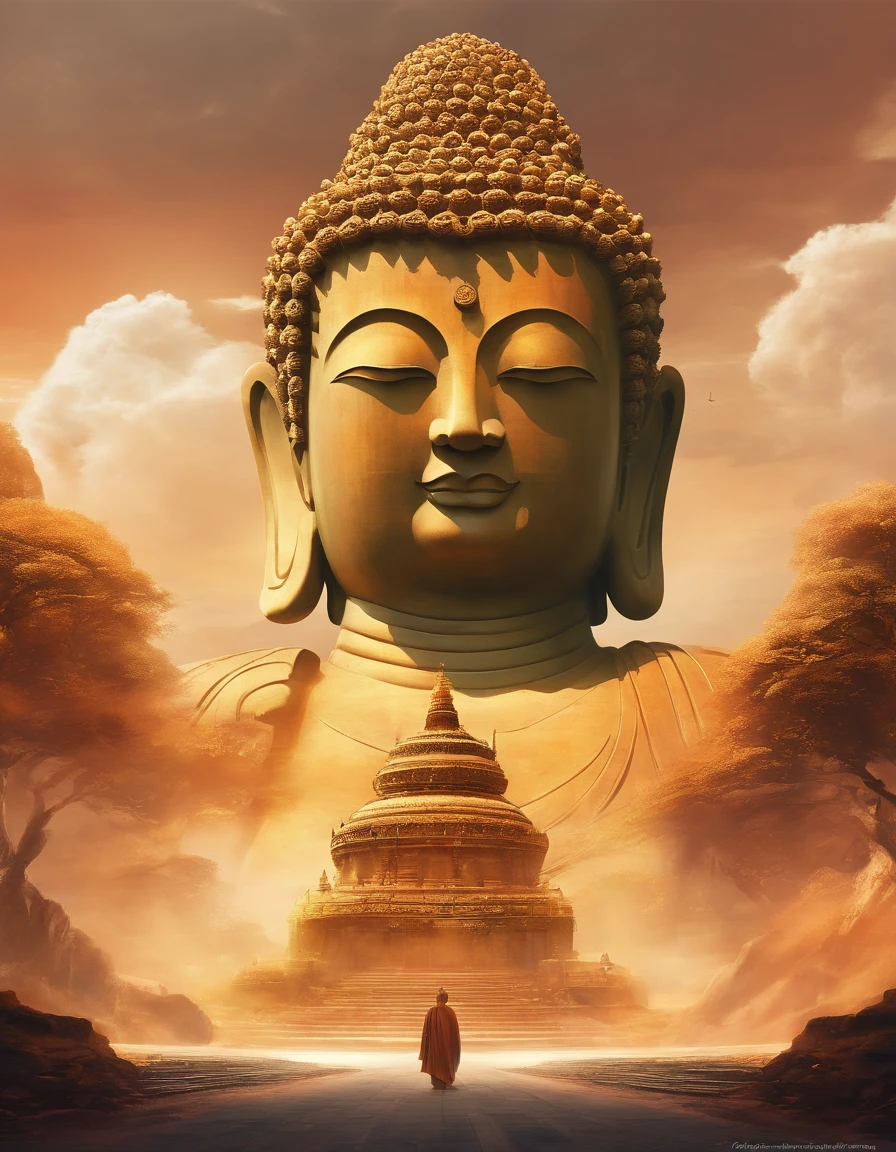 Giant Buddha statue in the distance, stone, Texture, Tall, Majestic, The background is illuminated by sunlight,clouds, inverted image,Lateral face,Pilgrims on the road