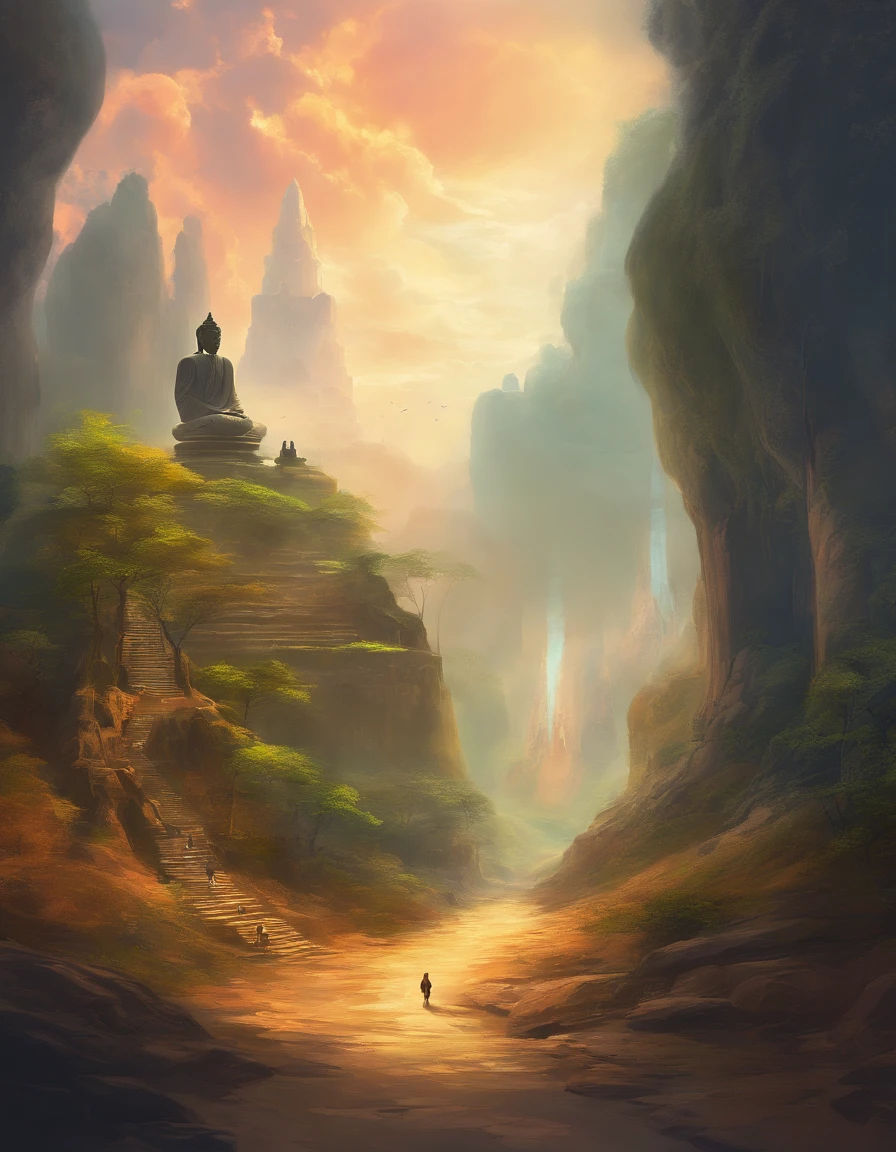 Giant Buddha statue in the distance, stone, Texture, Tall, Majestic, The background is illuminated by sunlight,clouds, inverted image,Lateral face,Pilgrims on the road
