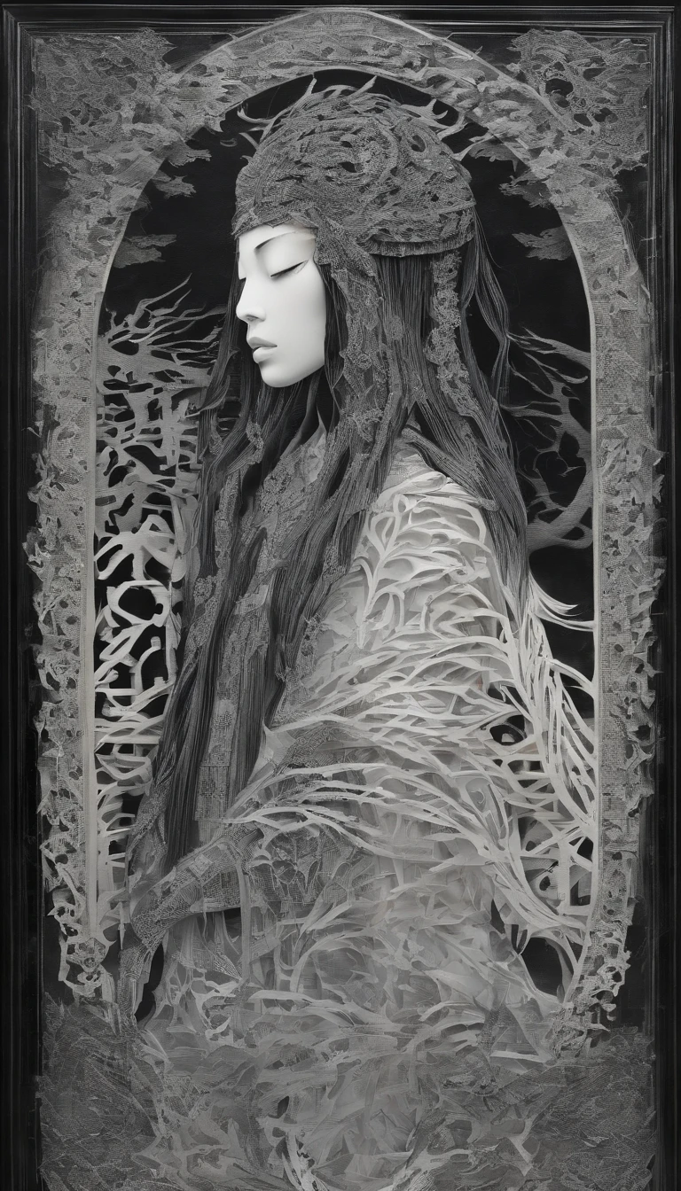(White background:1.4),(Silhouette of a girl's head, Eyes closed, colorfull long hair, Oriental elements),(Chinese illustration:1.3,paper art:1.3, Quilted paper art:1.2),( reasonable design, Clear lines, High sharpness,Best quality, Very detailed, Masterpiece, movie light effect, 4K ) ,Brown eyes