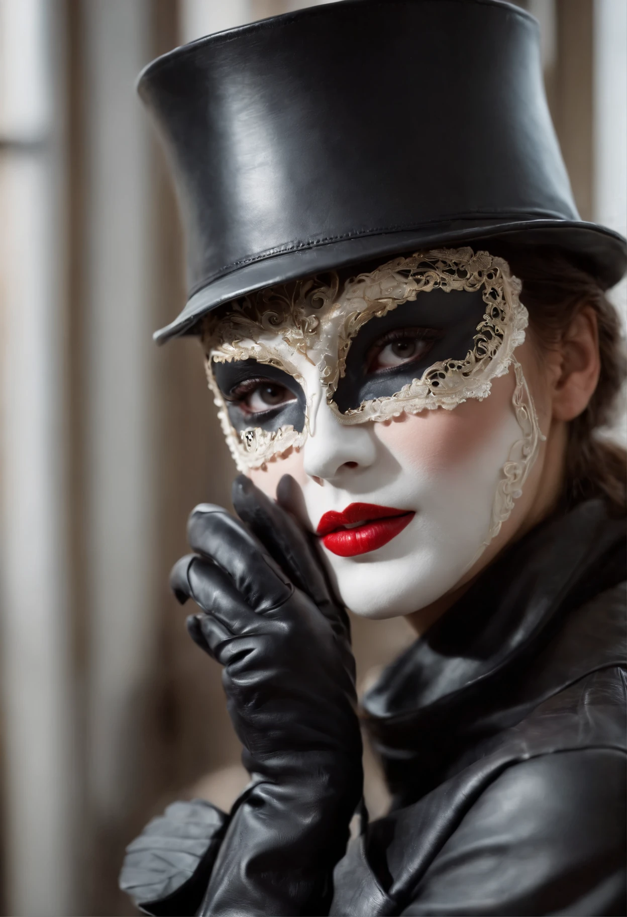 Venetian mask covering the entire face, black leather gloves, trench coat, long boots, women