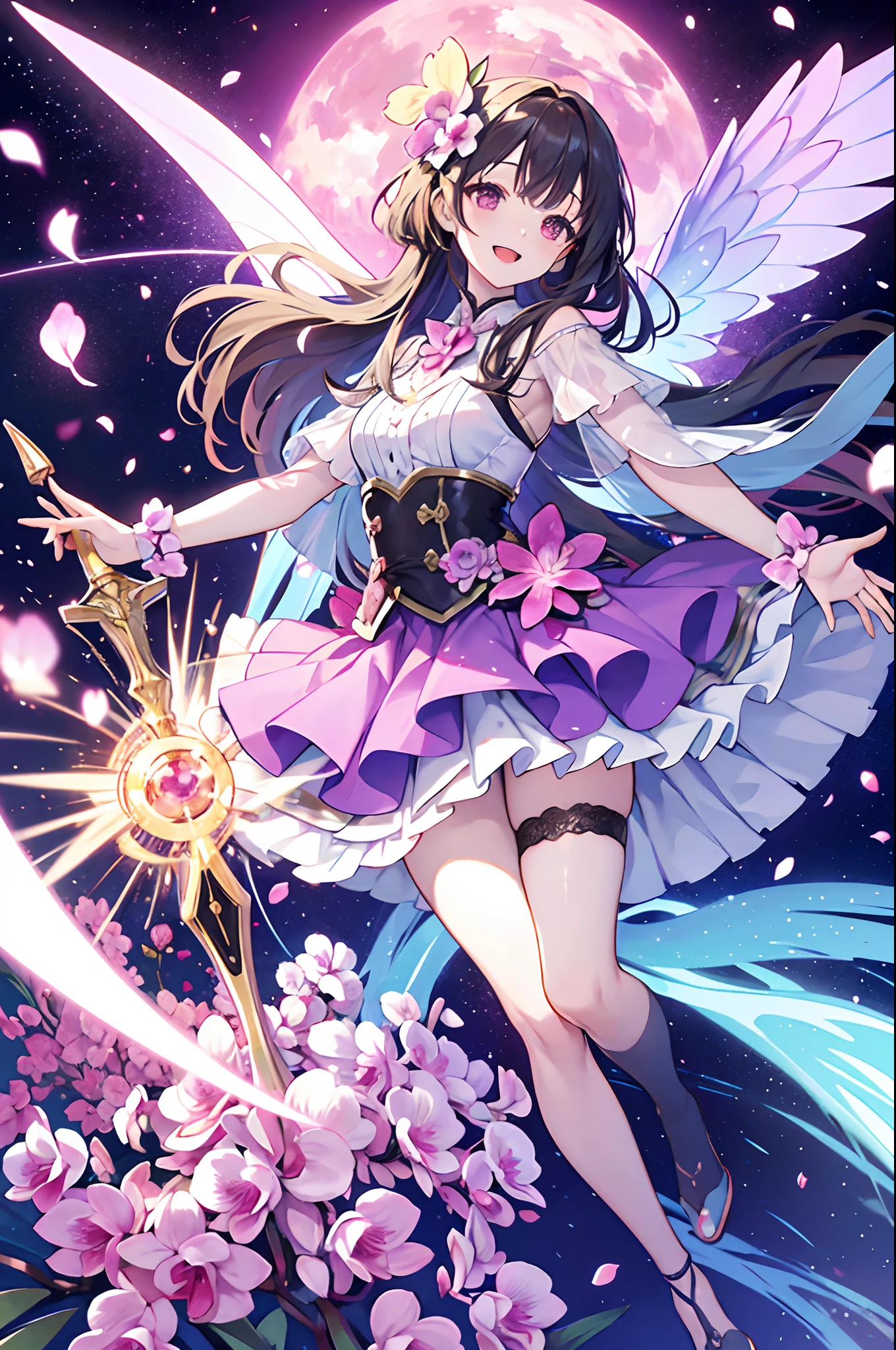 an orchid flower fairy, flower skirt, flower in hair, happy, open mouthed smile, 1 woman, solo, in a flower field, wings, flying