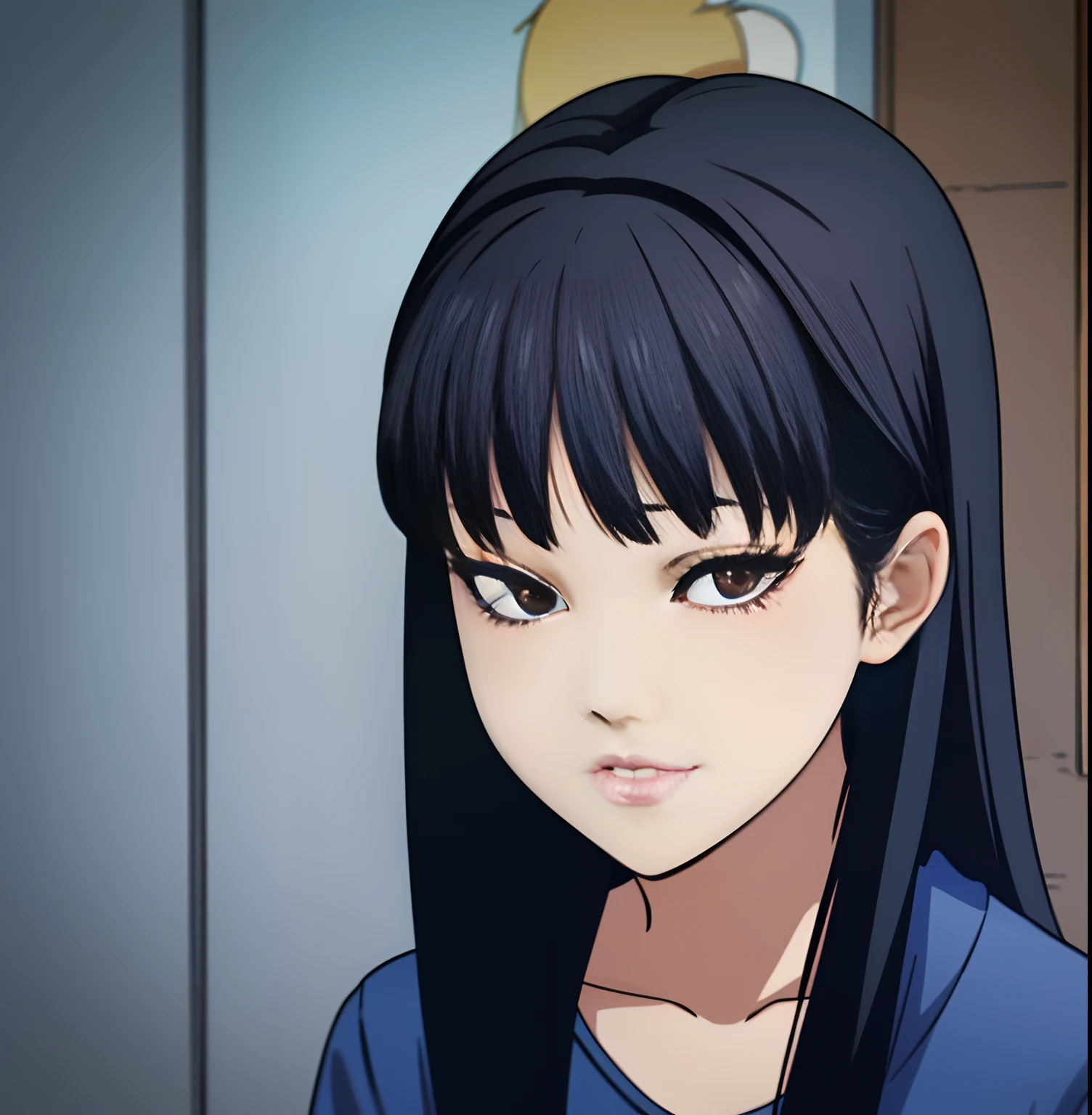 anime girl with long black hair and blue shirt posing for a picture, hinata hyuga, sui ishida with black hair, style of junji ito, junko enoshima, subtle junji ito, kotegawa yui, hinata hyuga from naruto, 20 - year - old anime goth girl, misato katsuragi