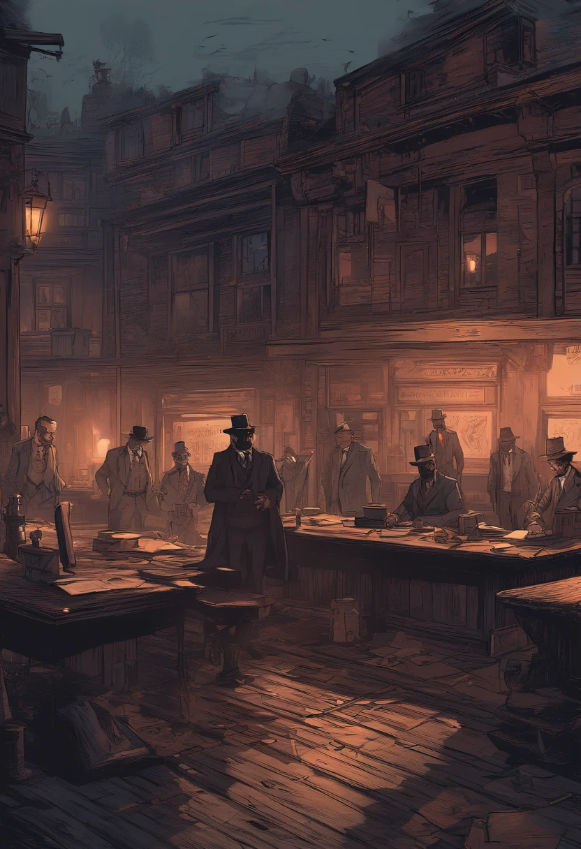 (best quality, 4k, highres, masterpiece:1.2), (realistic:1.37), ultra-detailed, Red Dead Redemption 2 art style, Pinkerton detective, Pinkerton detective in a suit, western town of Saint Denis in 1907, dimly lit room, six Pinkerton agents standing around a table, Pinkerton detective's office, black suits.six pinkerton detectives, 6men,interior scene