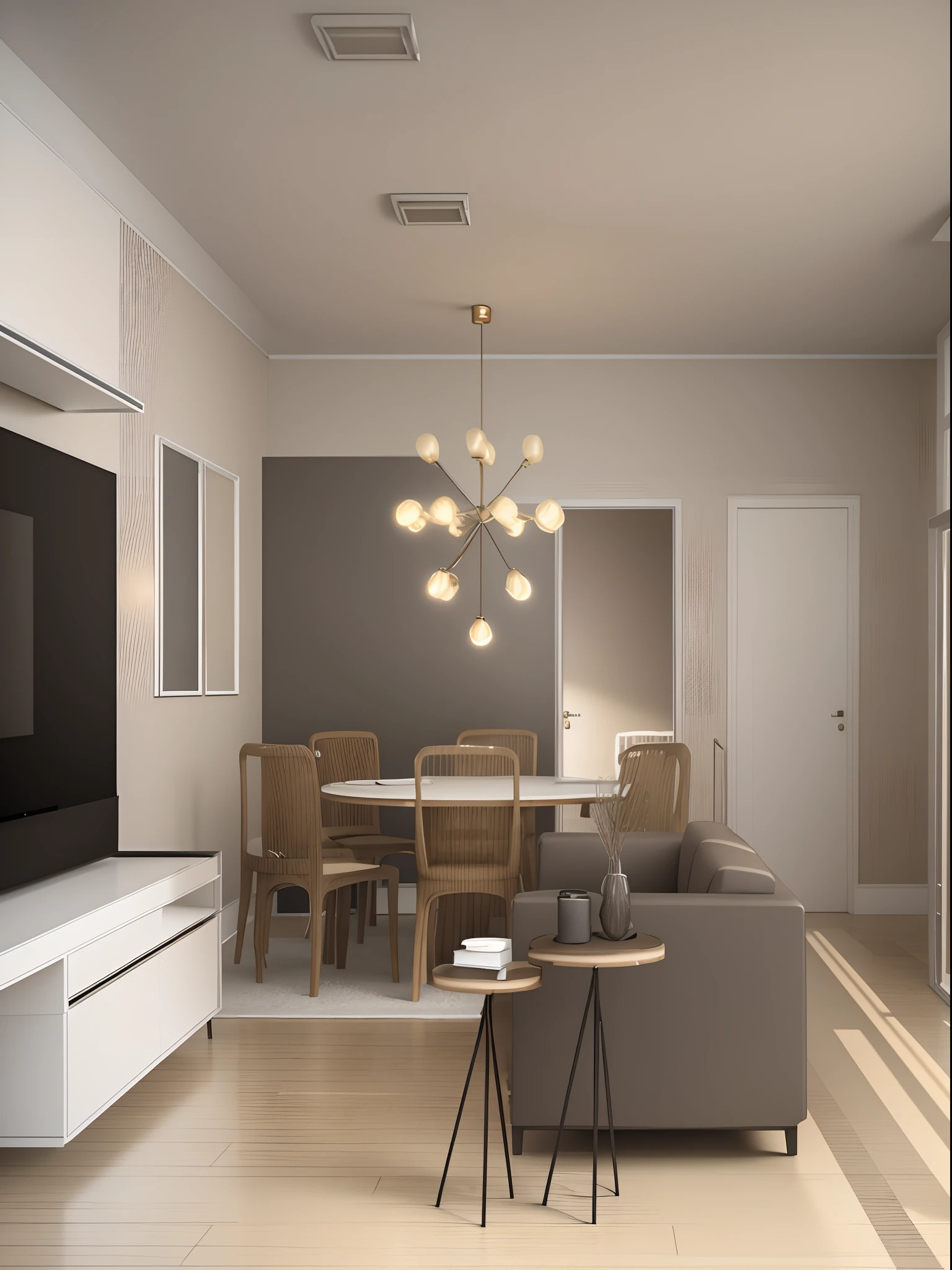 a rendering of a living room with a dining table and a television, quadros nas paredes, sem janelas, tapete, portas ao fundo, piso claro, 2 d render, sem janelas, quadros nas paredes, Ceiling lighting, lustre aceso, luzes acesas, tons claros, sala de estar interior, 3D-rendering, 3D rendering, Apartamento com paredes pretas, design de apartamentos, renderizado no enscape, in style of 3d render, enscape render, comprehensive 2 d render, interior de uma sala de estar, 3D-rendering, 3D-rendering