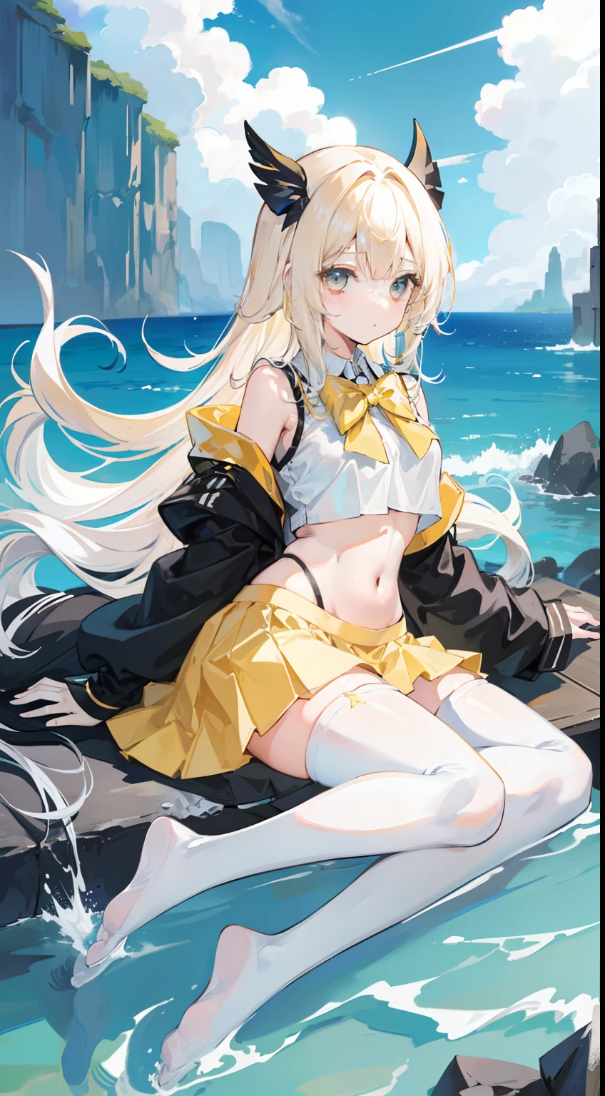 Masterpiece（（tmasterpiece）），（White color blouse），（（black micro skirt）），（Black transparent stockings），adolable，is shy，（Long yellow）Hair，red bowtie，long leges，（Have by the sea），（Facing the sea），Open navel，No shoes on