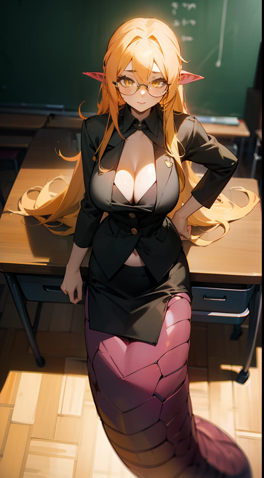 1woman,teacher,glasses,solo,black teacher outfit,sexy,long hair,white cleavage,half lamia,full body,yellow hair,yellow eyes,classroom