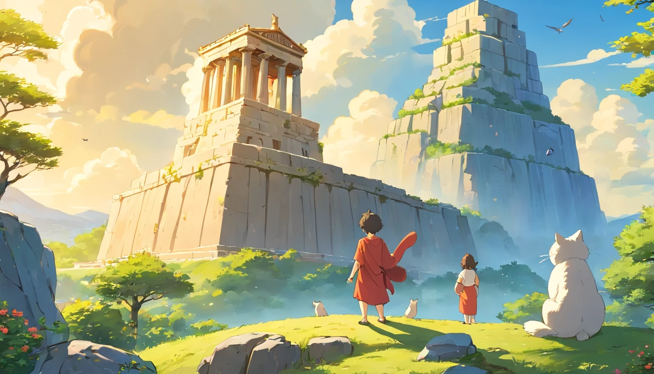 Ghibli style,fantasy painting,Greece,Parthenon,((Stone statue of Socrates)),Ghibli style,Big cute fat cat looking at stone statue,Totoro is flying in the sky